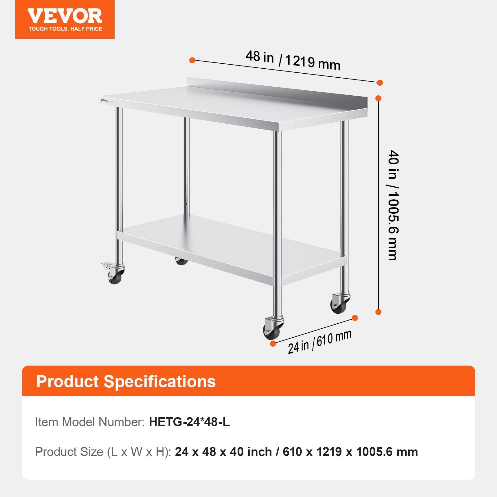 VEVOR 24 x 48 x 40 Inch Stainless Steel Work Table, Commercial Food Prep Worktable with Casters, Heavy Duty Prep Worktable, Metal Work Table with Adjustable Height for Restaurant, Home and Hotel