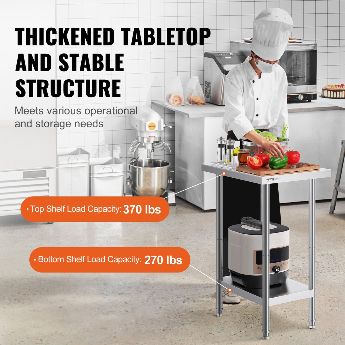 VEVOR Stainless Steel Prep Table, 24 x 18 x 34 Inch, Heavy Duty Metal Worktable with 3 Adjustable Height Levels, Commercial Workstation for Kitchen Garage Restaurant Backyard