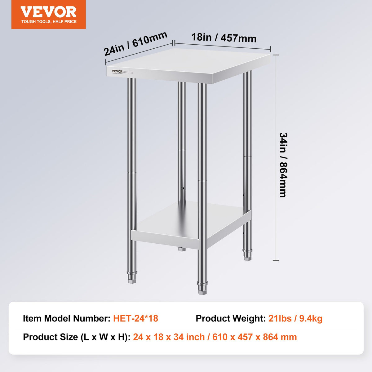 VEVOR Stainless Steel Prep Table, 24 x 18 x 34 Inch, Heavy Duty Metal Worktable with 3 Adjustable Height Levels, Commercial Workstation for Kitchen Garage Restaurant Backyard