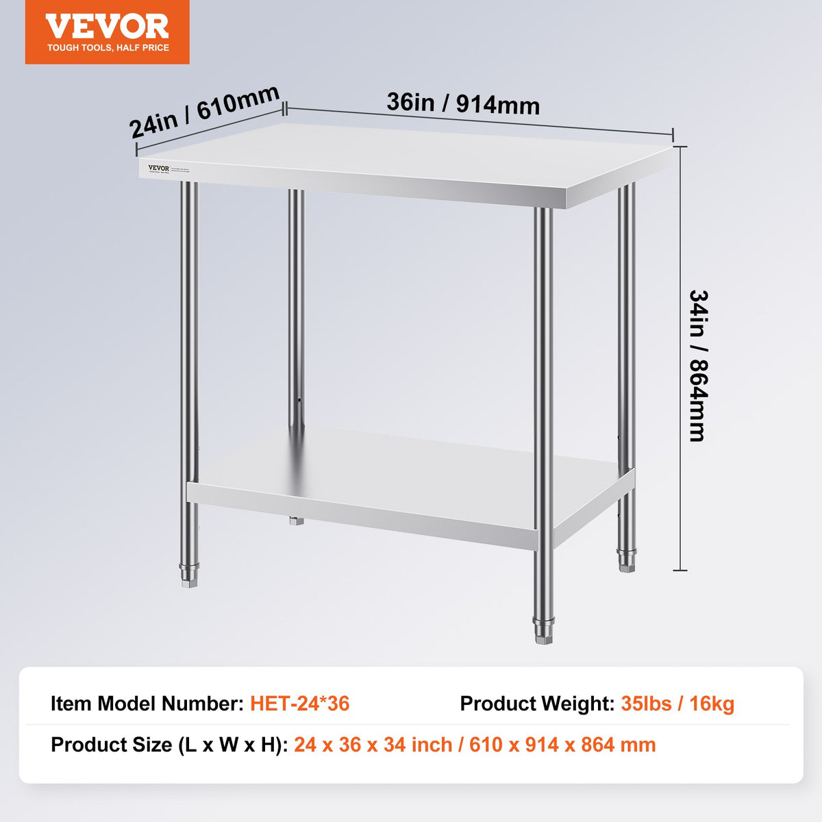 VEVOR Stainless Steel Prep Table, 24 x 36 x 34 Inch, Heavy Duty Metal Worktable with 3 Adjustable Height Levels, Commercial Workstation for Kitchen Garage Restaurant Backyard