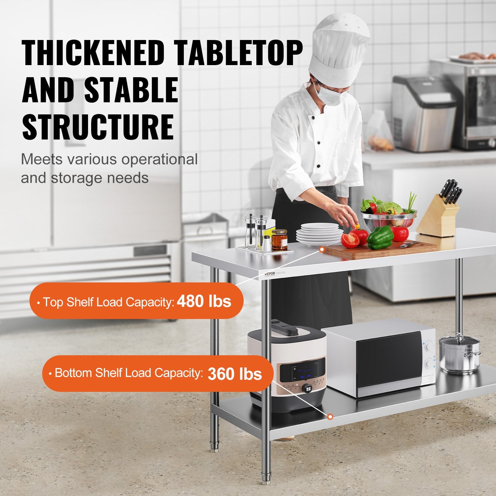 VEVOR Stainless Steel Work Prep Table Commercial Worktable Food Prep 24x60x34in