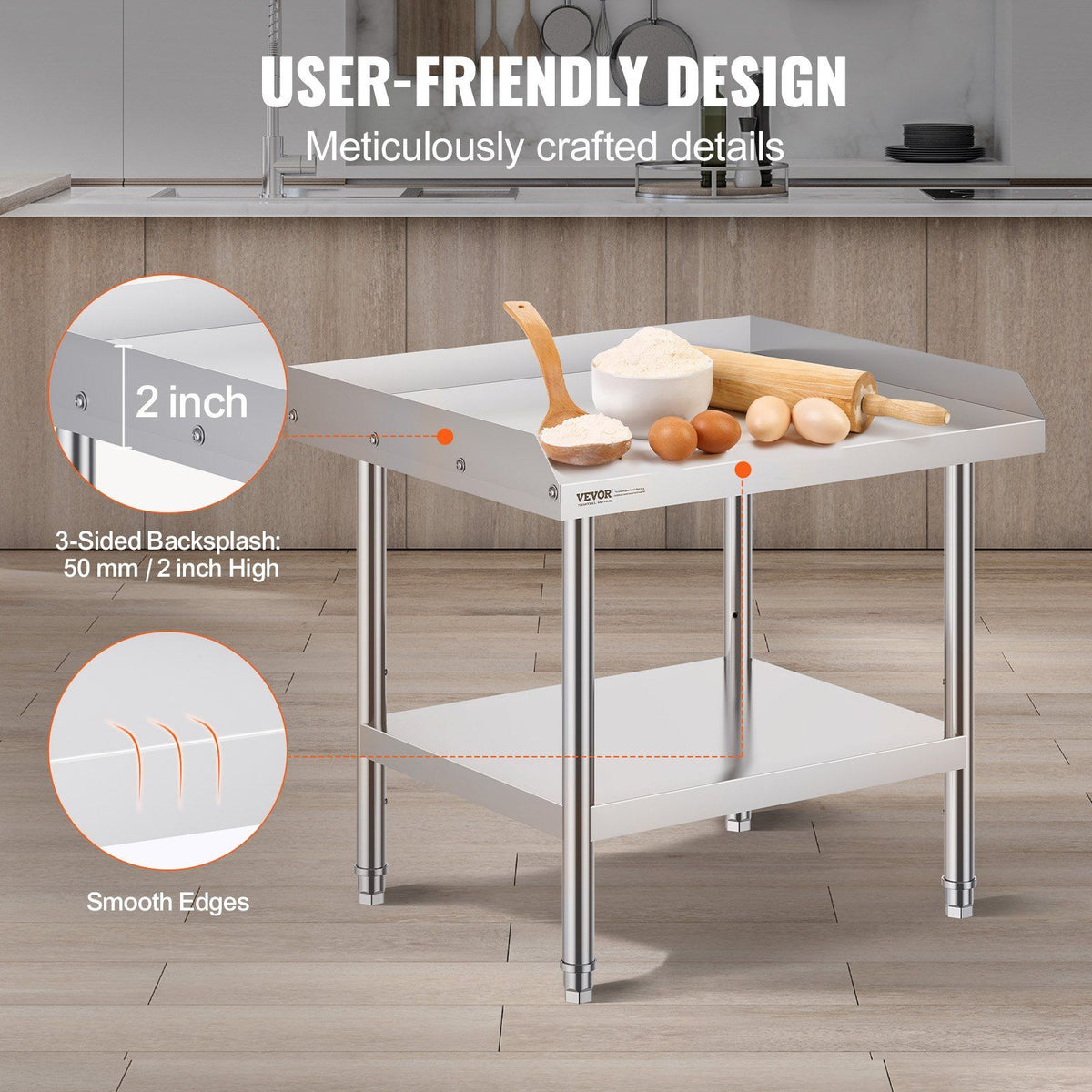 Stainless Steel Work Table, 24 x 28 x 26 Inch Commercial Food Prep Worktable, 3-Sided Backsplash Heavy Duty Prep Worktable, Metal Work Table with Adjustable Height for Restaurant Home Hotel