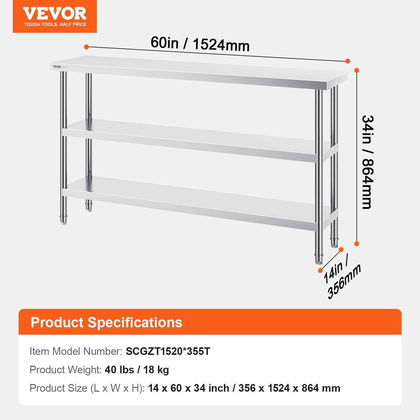 Stainless Steel Food Prep Table, 356 x 1524 x 864 mm Commercial Kitchen Worktable, with 2 Adjustable Undershelf, Heavy Duty Prep Table Metal Work Table for BBQ, Kitchen, Home, and Garage