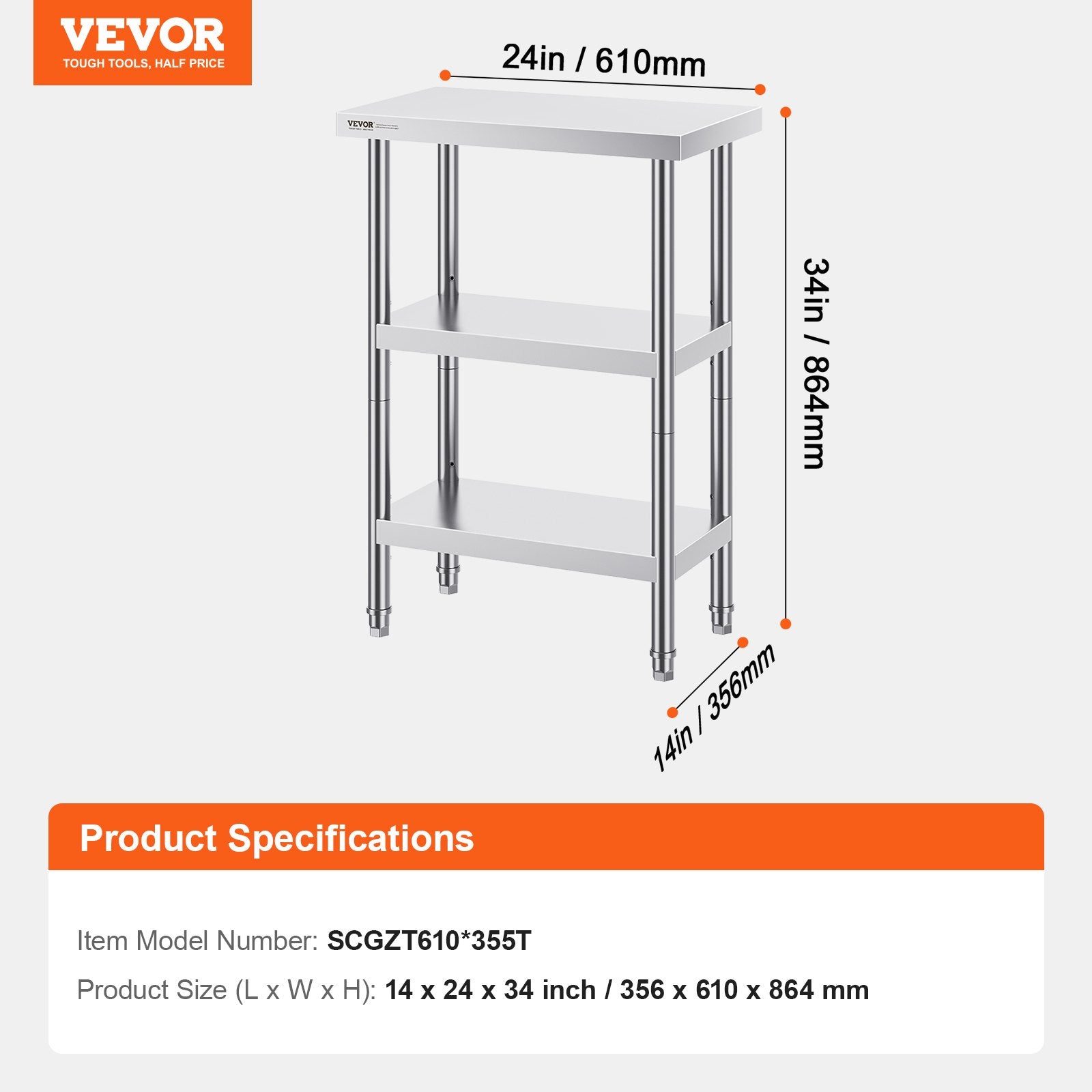 VEVOR Stainless Steel Food Prep Table, 14 x 24 x 34 Inch Commercial Kitchen Worktable, with 2 Adjustable Undershelf, Heavy Duty Prep Table Metal Work Table for BBQ, Kitchen, Home, and Garage