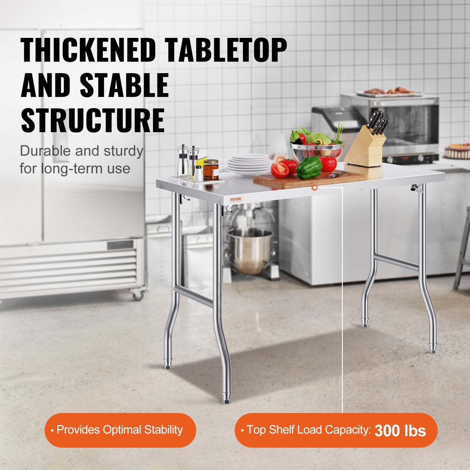 VEVOR Stainless Steel Kitchen Bench Folding Commercial Prep Table 1220x610 mm