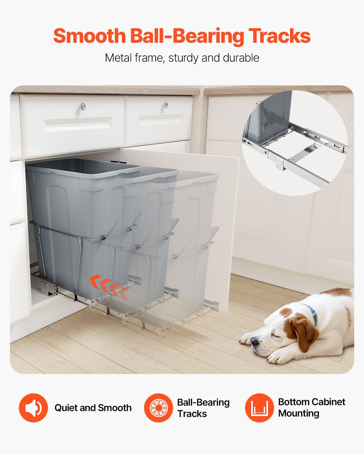 Pullout Trash Can for Kitchen Cabinets, Garbage Waste Recycling Bin, Under Mount Waste Container, with Heavy Duty Metal Full Extension Sliding System and Handle, for Sink, Under Counter