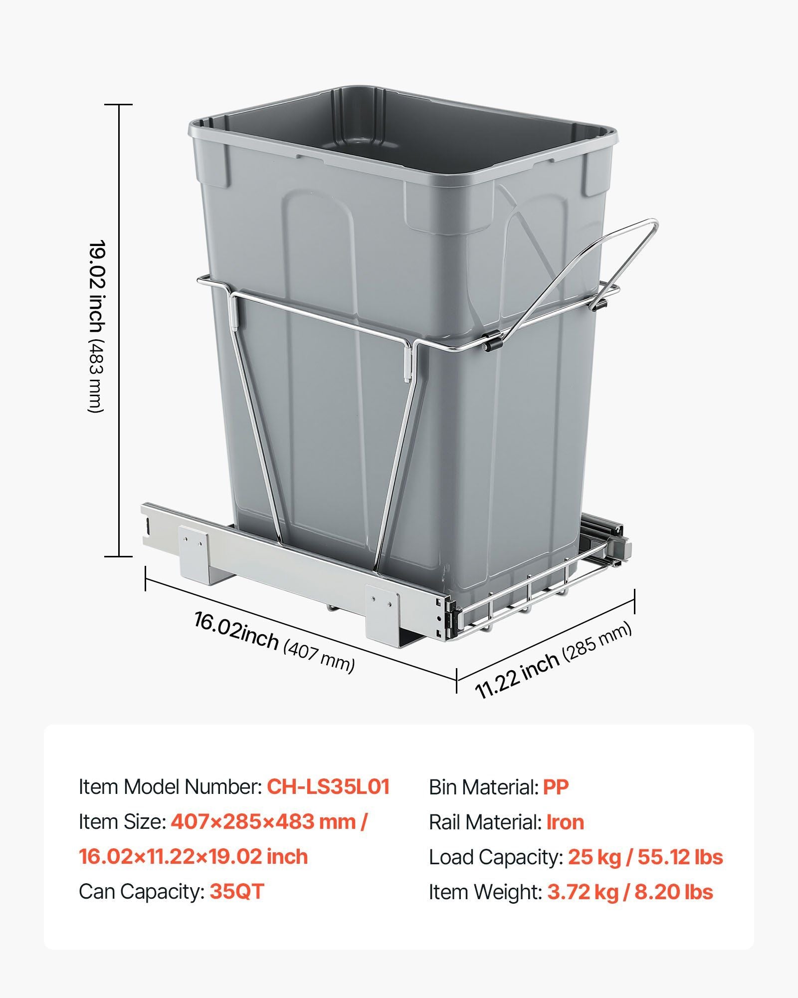 Pullout Trash Can for Kitchen Cabinets, Garbage Waste Recycling Bin, Under Mount Waste Container, with Heavy Duty Metal Full Extension Sliding System and Handle, for Sink, Under Counter