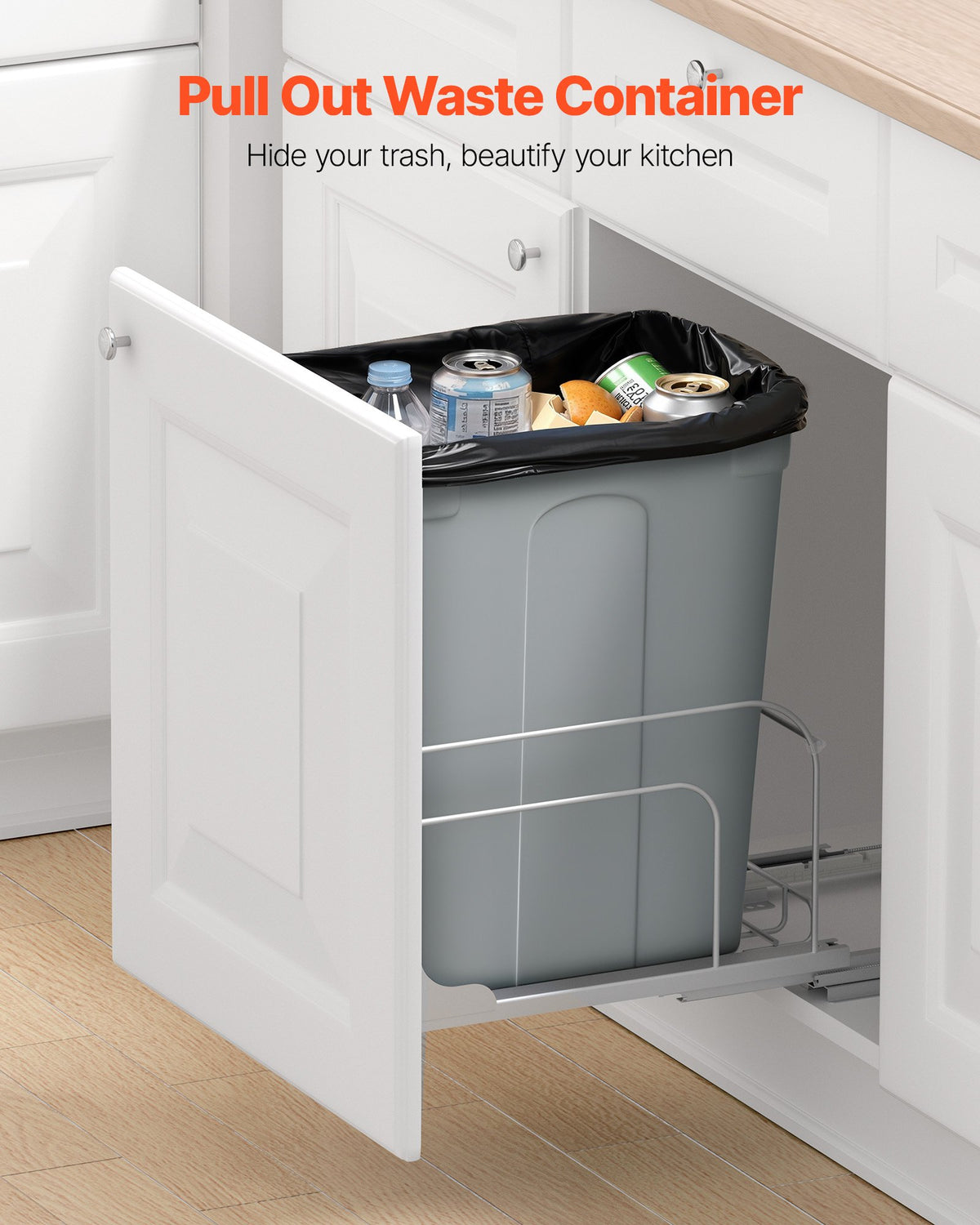 VEVOR Pullout Trash Can for Kitchen Cabinets, Garbage Waste Recycling Bin, Under Mount Waste Container, with Heavy Duty Metal Soft Close Sliding System and Door Kit, for Sink, Under Counter