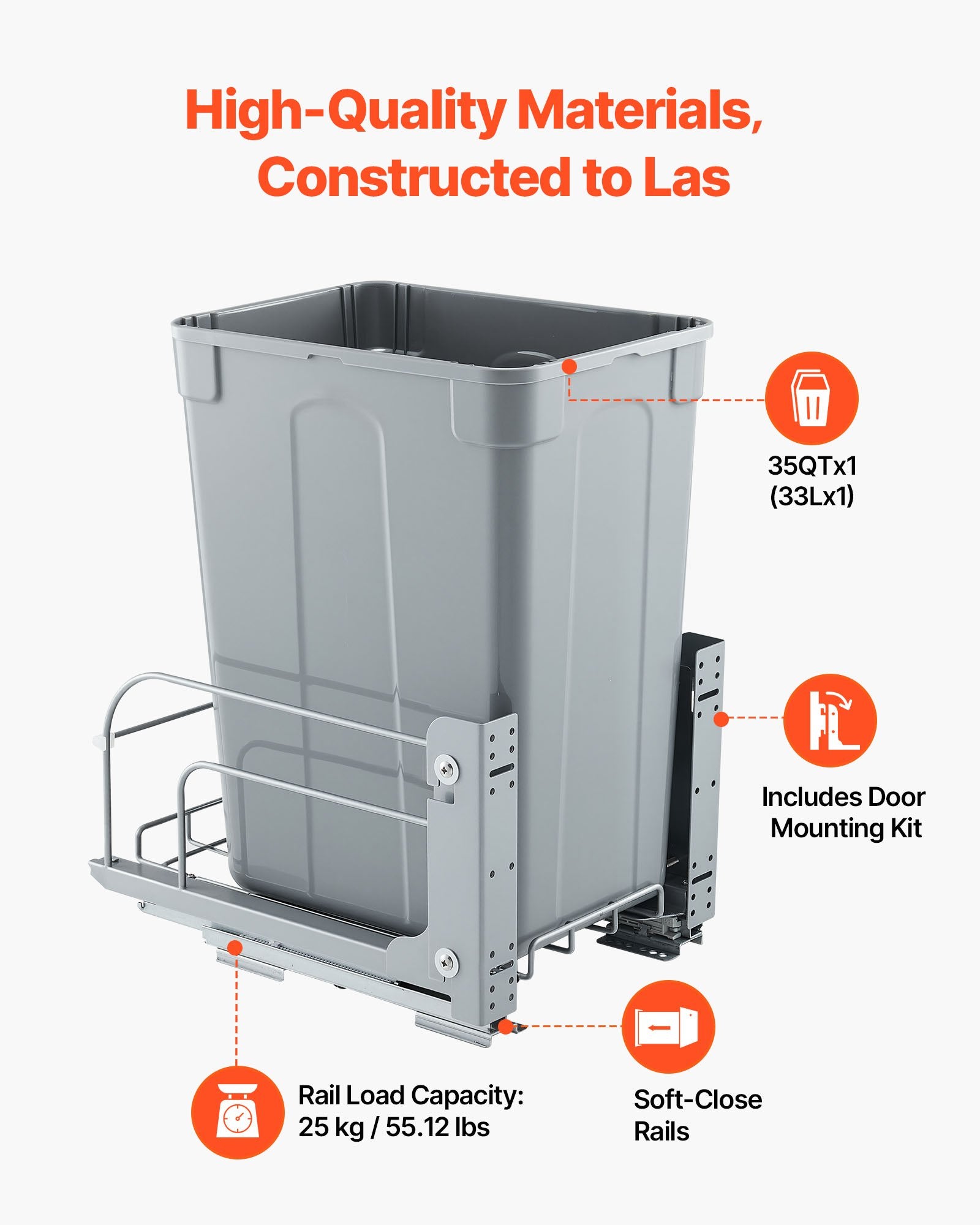 VEVOR Pullout Trash Can for Kitchen Cabinets, Garbage Waste Recycling Bin, Under Mount Waste Container, with Heavy Duty Metal Soft Close Sliding System and Door Kit, for Sink, Under Counter