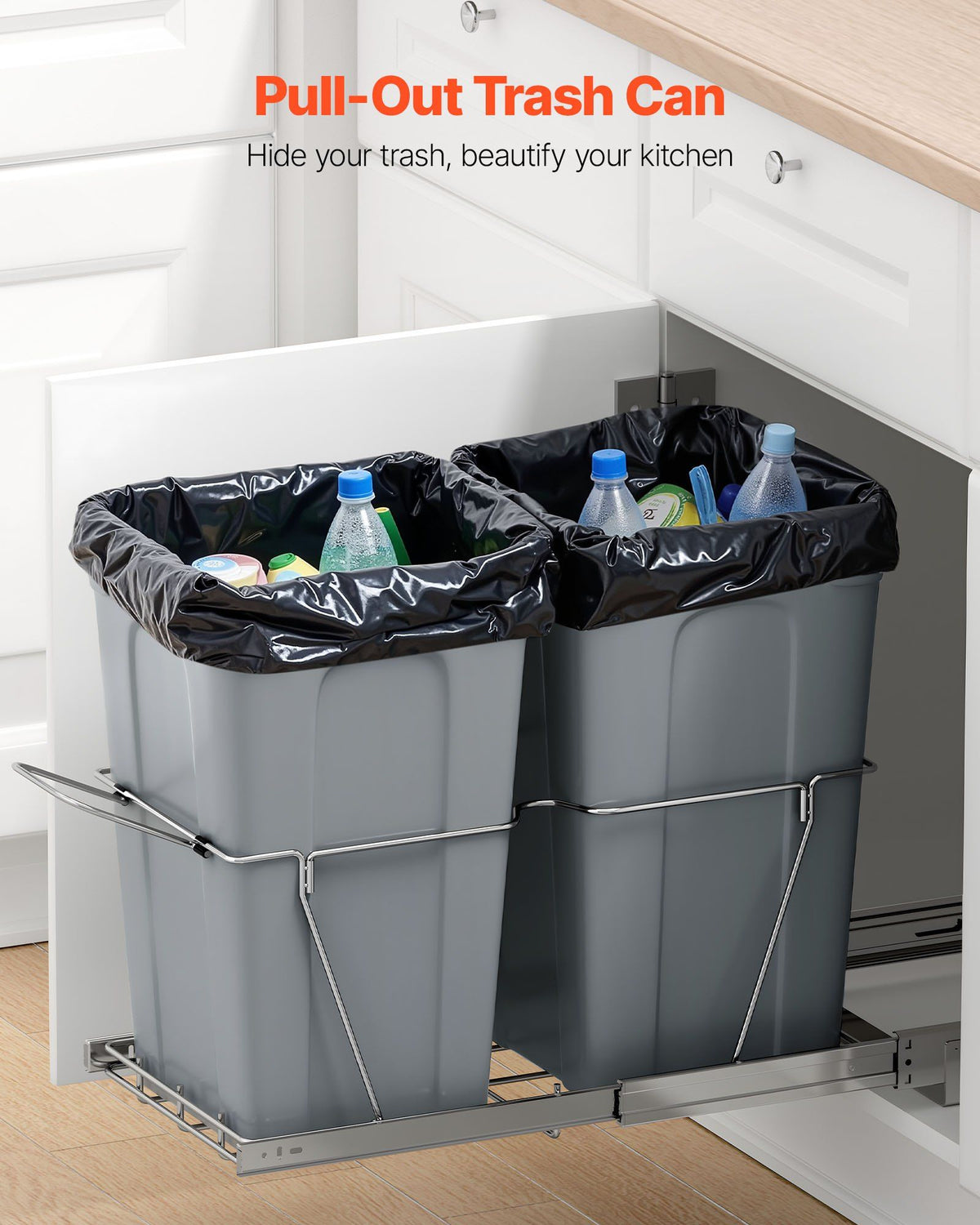 Pullout Trash Can for Kitchen Cabinets,Double Under Sink Garbage Waste Recycling Bin, Under Mount Waste Container, with Heavy Duty Metal Full Extension Sliding System and Handle