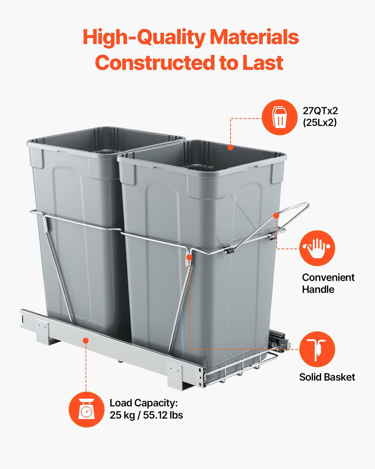 Pullout Trash Can for Kitchen Cabinets,Double Under Sink Garbage Waste Recycling Bin, Under Mount Waste Container, with Heavy Duty Metal Full Extension Sliding System and Handle