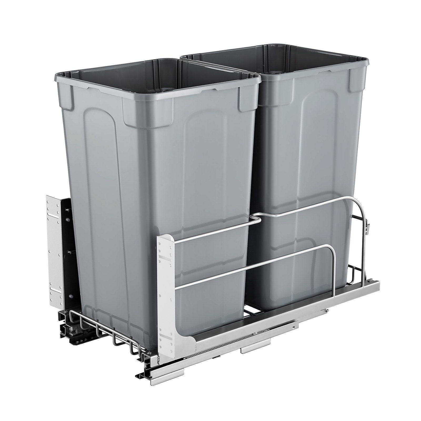 Pull-Out Trash Can, 27 QT x2 Double Under Mount Kitchen Waste Container, Heavy Duty Garbage Recycling Bin with Door Kit and Soft Close Slide, for Kitchen Cabinet, Sink, Under Counter (Grey)