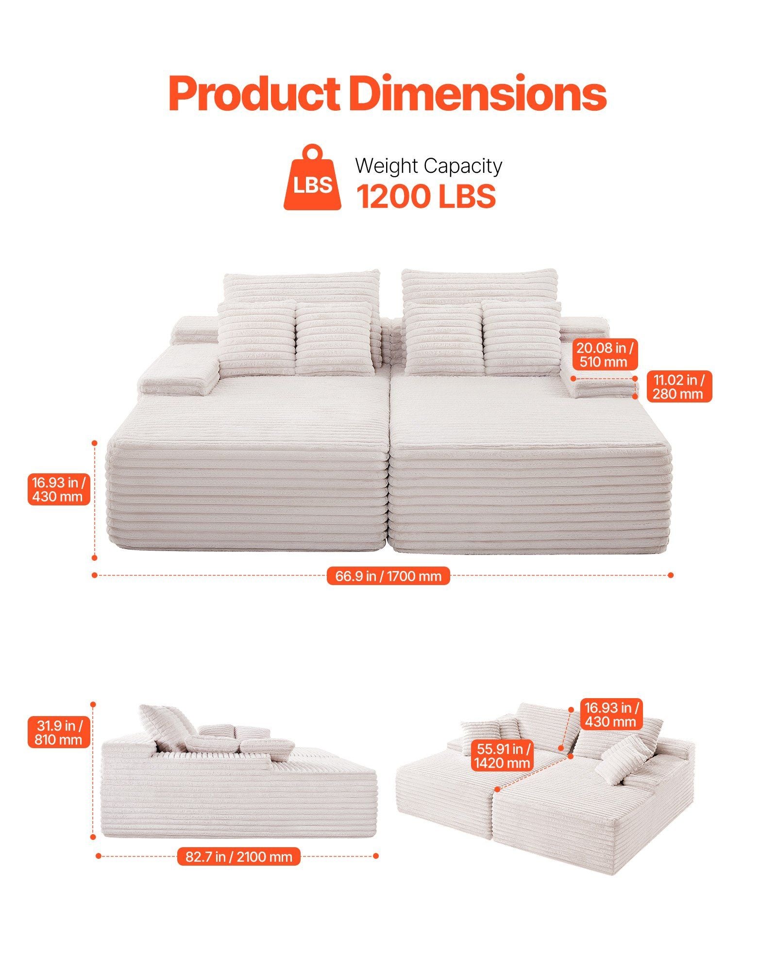 210 cm Oversized Double Chaise Lounge, Corduroy Fabric Sectional Sofa, Cozy Deep Seat Loveseat Sofa with Soft Cushions and Throw Pillows for Living Room Bedroom, No Assembly Required, Beige