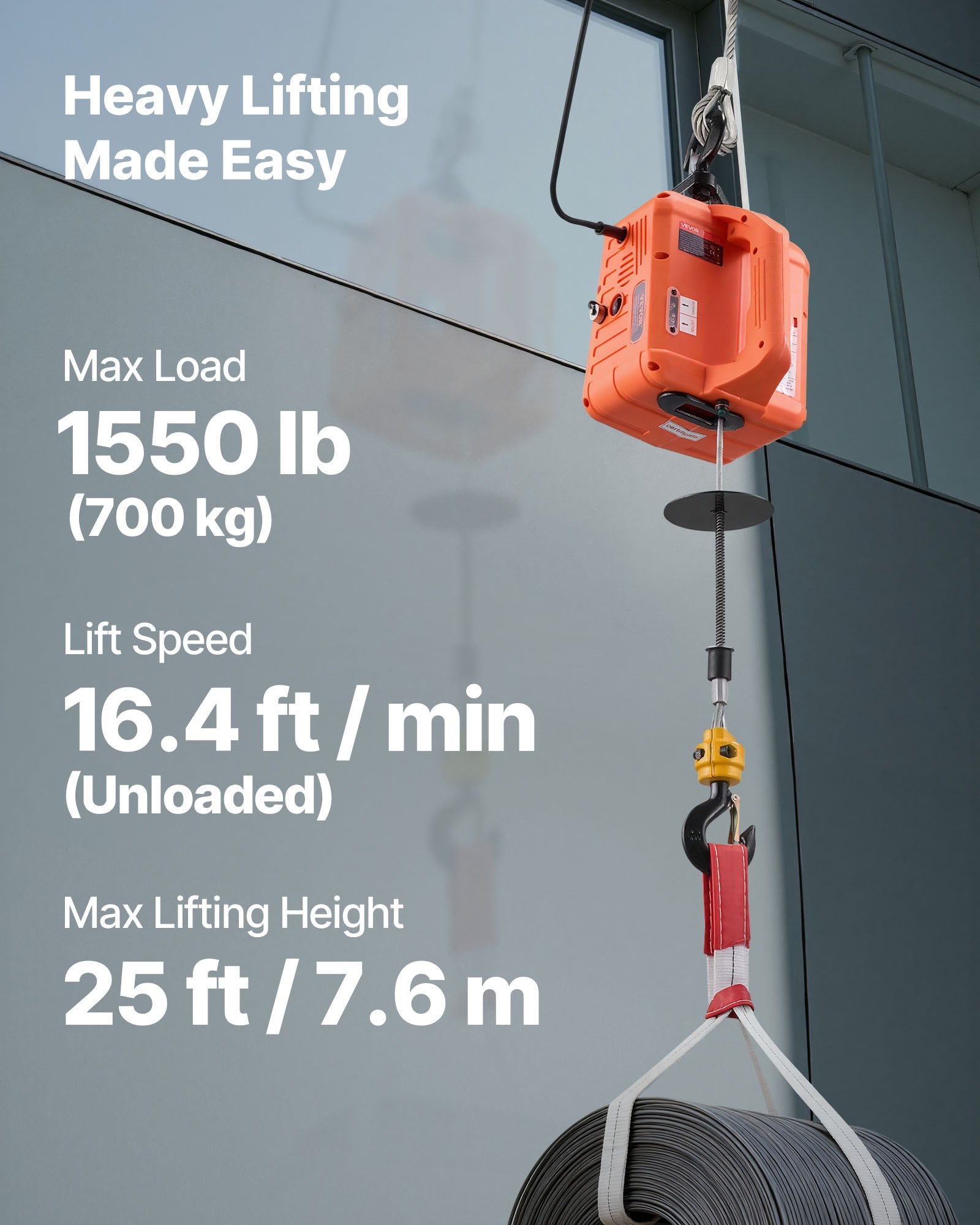 VEVOR 3-in-1 Electric Hoist Winch, 700 kg Capacity, 1500W Portable Power Winch Crane, 7.6 m Lifting Height, 5 m/min with Manual, Wired and Wireless Remote Control for Factory, Warehouss, Garage