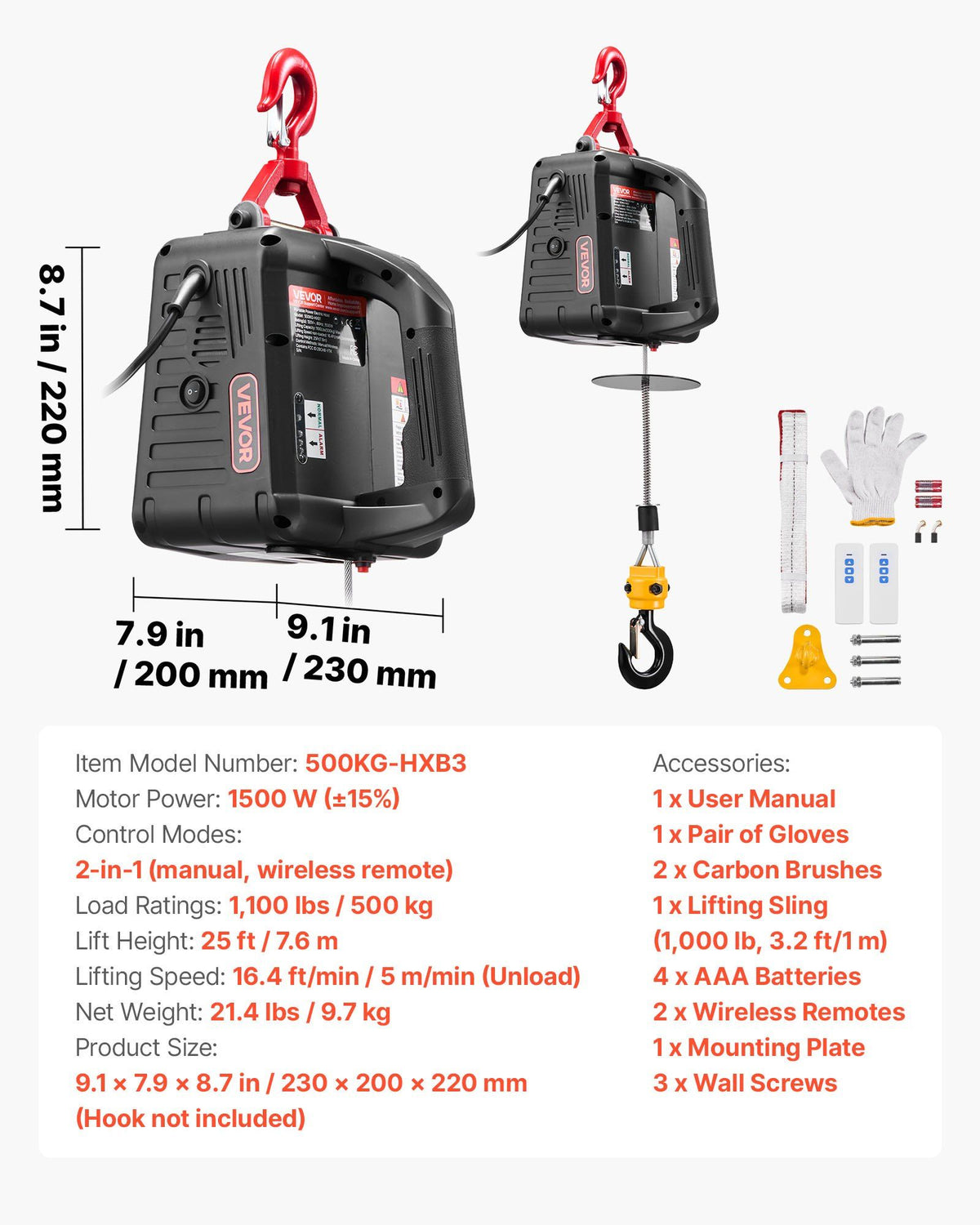 2-in-1 Electric Hoist Winch, 500 kg Capacity, 1500W Portable Power Winch Crane, 7.6 m Lifting Height, 5 m/min with Manual and Wireless Remote Control for Factory, Warehouss, Garage