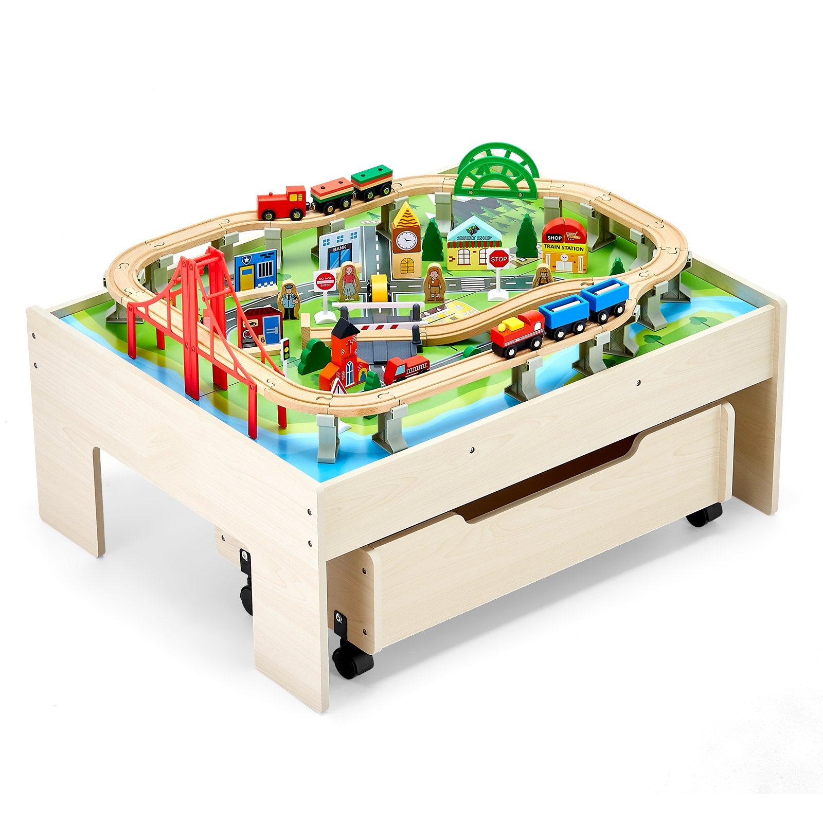 VEVOR Train Table 100 PCS Wooden Kids Activity Table with Rolling Storage Drawer