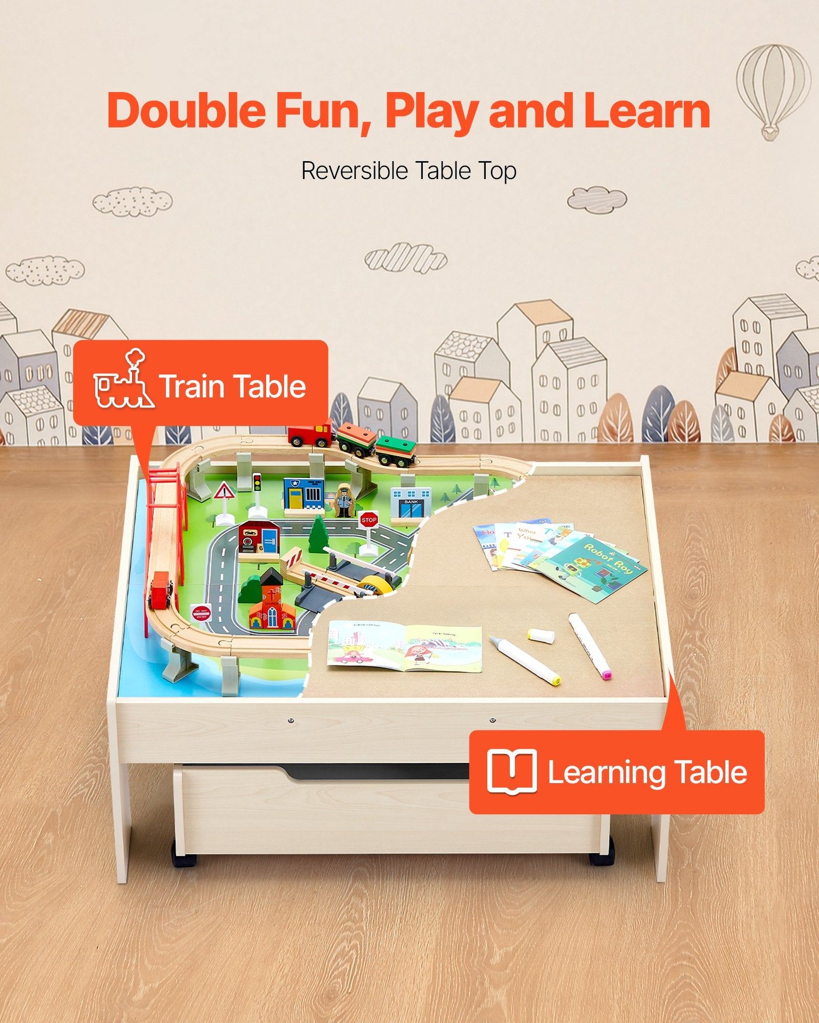 VEVOR Train Table 100 PCS Wooden Kids Activity Table with Rolling Storage Drawer