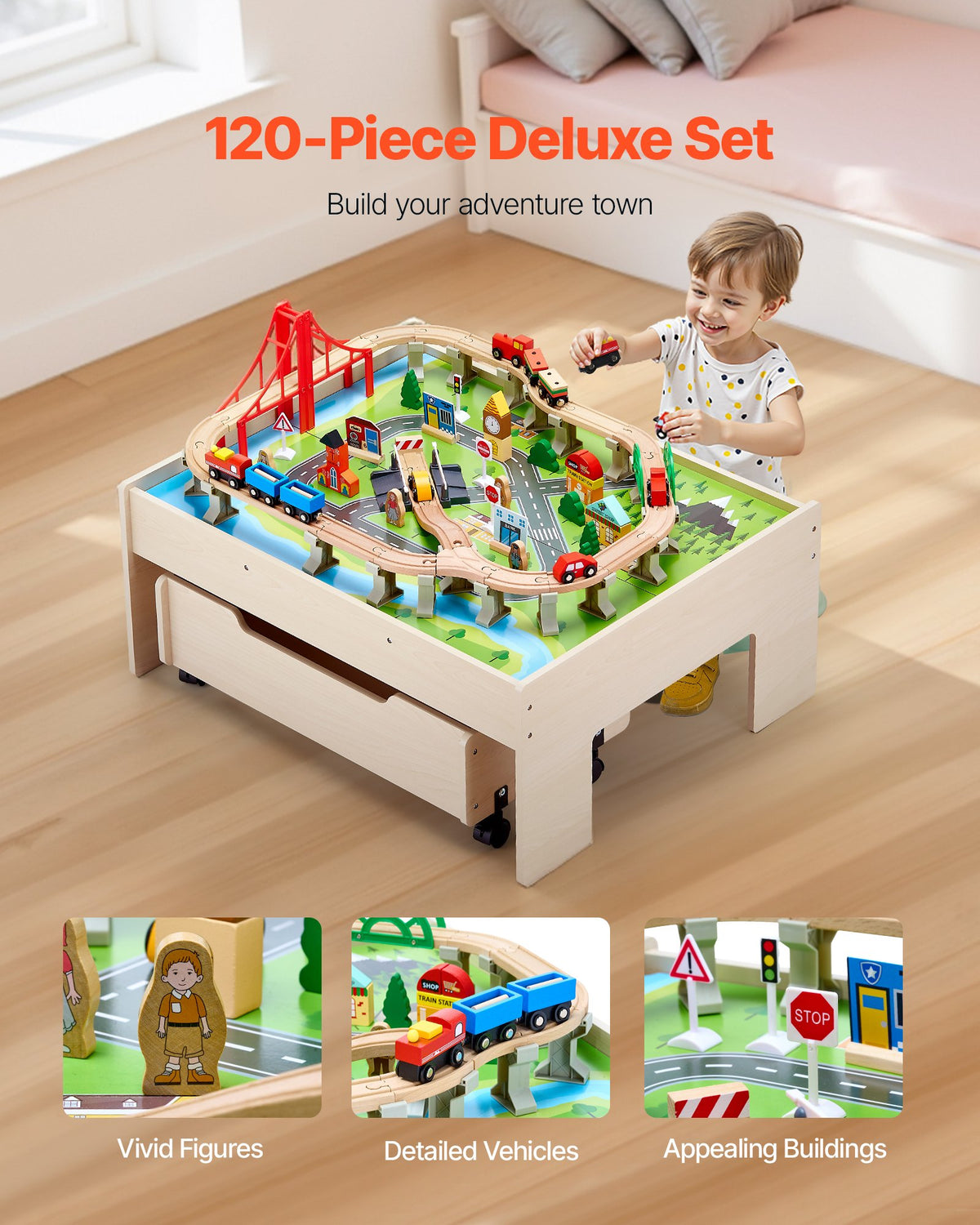 VEVOR Train Table 100 PCS Wooden Kids Activity Table with Rolling Storage Drawer