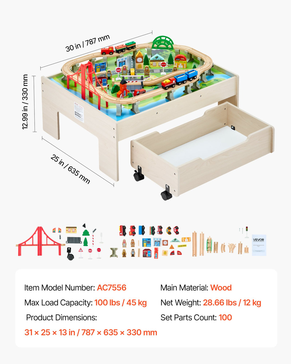 VEVOR Train Table 100 PCS Wooden Kids Activity Table with Rolling Storage Drawer