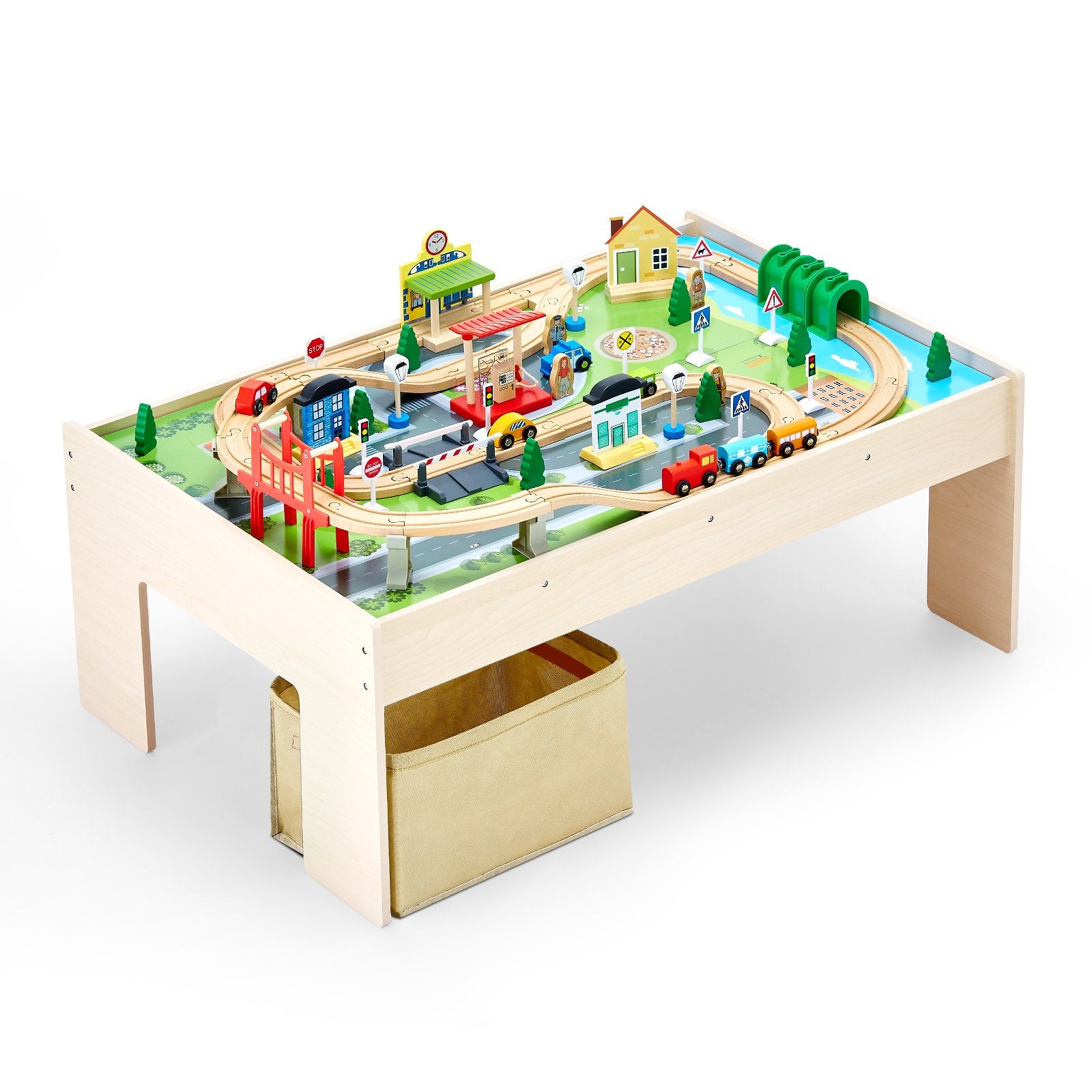 VEVOR Train Table, 84 Multicolor Pieces Wooden Kids Activity Table with Collapsible Storage Bin, 3-in-1 Wooden Train Set for Gaming, Drawing, Reading, Eating, Creative Toy Set for Kids Ages 3+