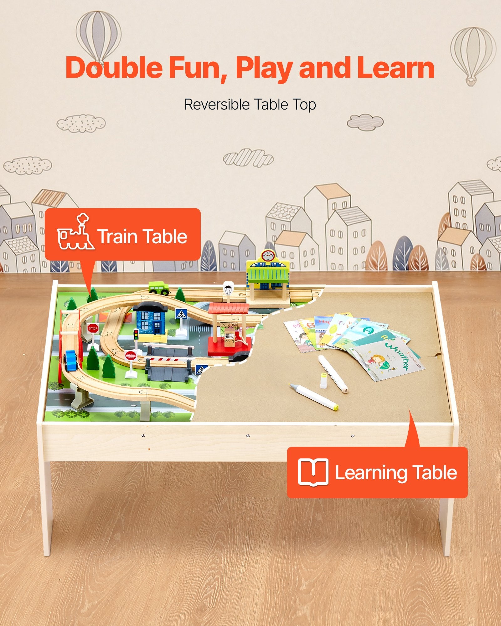 VEVOR Train Table, 84 Multicolor Pieces Wooden Kids Activity Table with Collapsible Storage Bin, 3-in-1 Wooden Train Set for Gaming, Drawing, Reading, Eating, Creative Toy Set for Kids Ages 3+