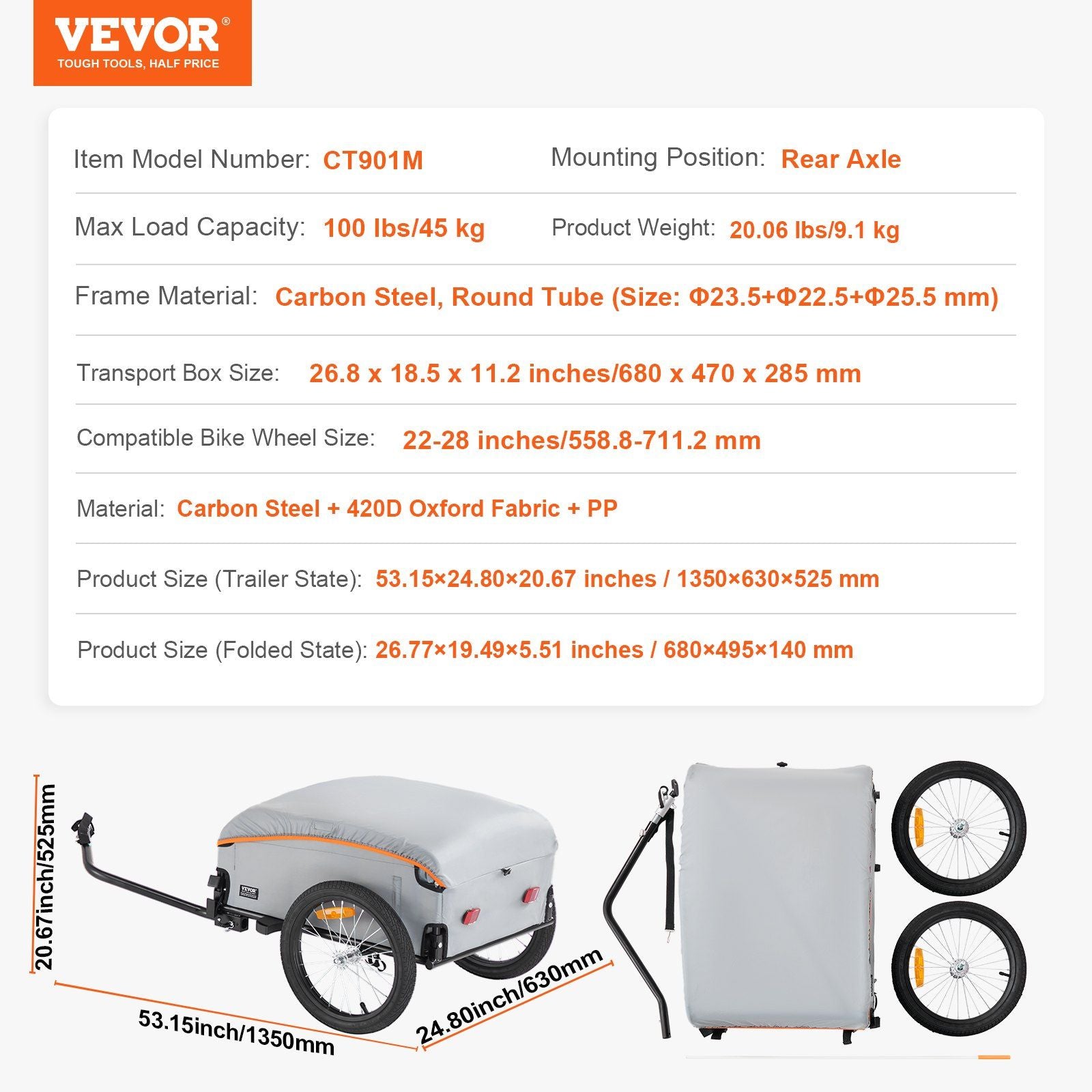Bike Cargo Trailer, 88/100/160 lbs Load Capacity, Heavy-Duty Bicycle Wagon Cart, Foldable Compact Storage with Universal Hitch