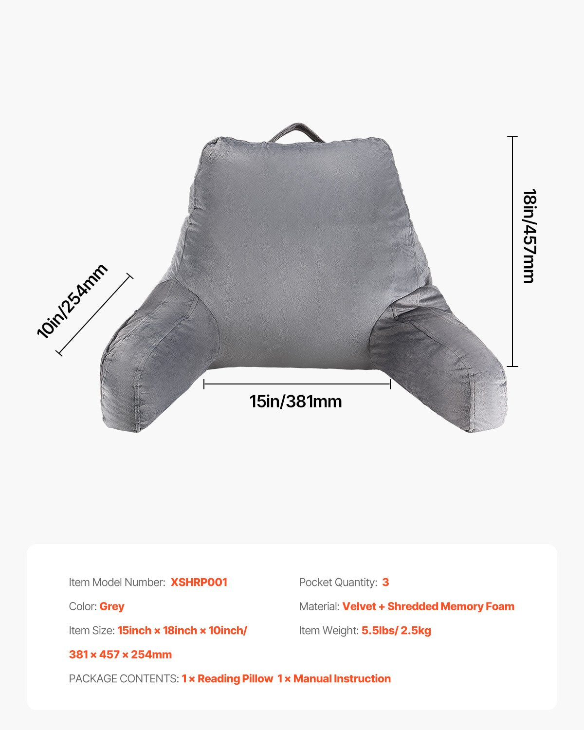 VEVOR Reading Pillow Standard Size Bed Pillow with Shredded Memory Foam Washable