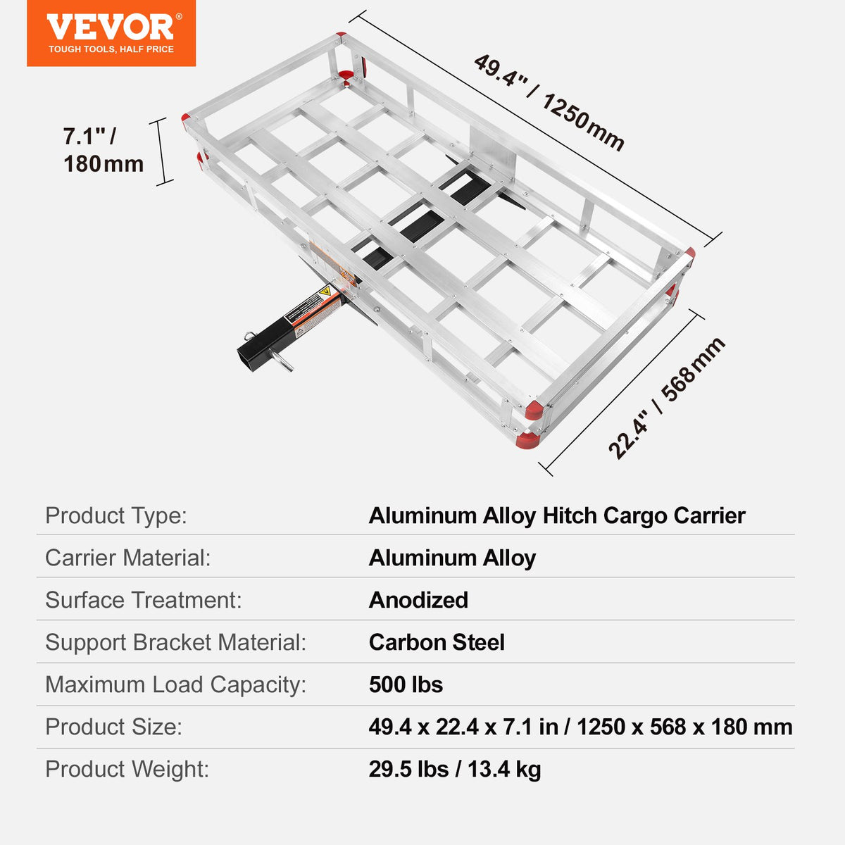 VEVOR 49.4 x 22.4 x 7.1 in Hitch Cargo Carrier, 500lb Capacity Trailer Hitch Mount Aluminum Cargo Basket, Luggage Carrier Rack Fits 2" Hitch Receiver for SUV Truck Pickup Camping