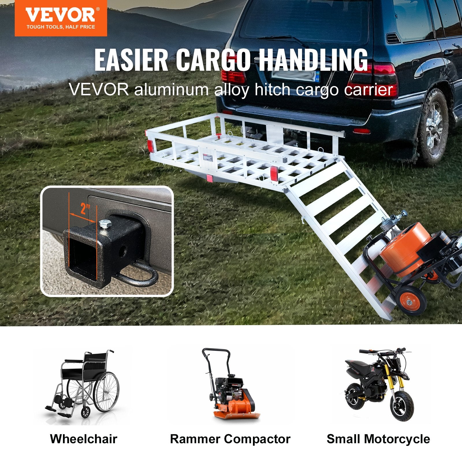 VEVOR 50 x 29.5 x 8.7 in Hitch Cargo Carrier, 500lb Capacity Trailer Hitch Mount Aluminum Cargo Basket with Folding Ramp, Luggage Carrier Rack Fits 2" Hitch Receiver for SUV Truck Pickup Camping