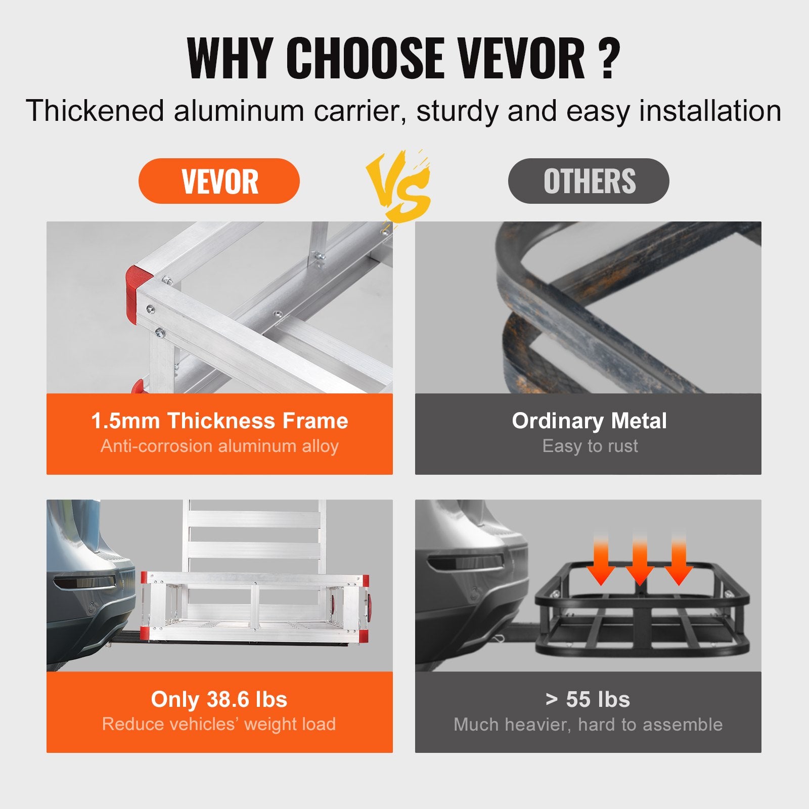 VEVOR 50 x 29.5 x 8.7 in Hitch Cargo Carrier, 500lb Capacity Trailer Hitch Mount Aluminum Cargo Basket with Folding Ramp, Luggage Carrier Rack Fits 2" Hitch Receiver for SUV Truck Pickup Camping