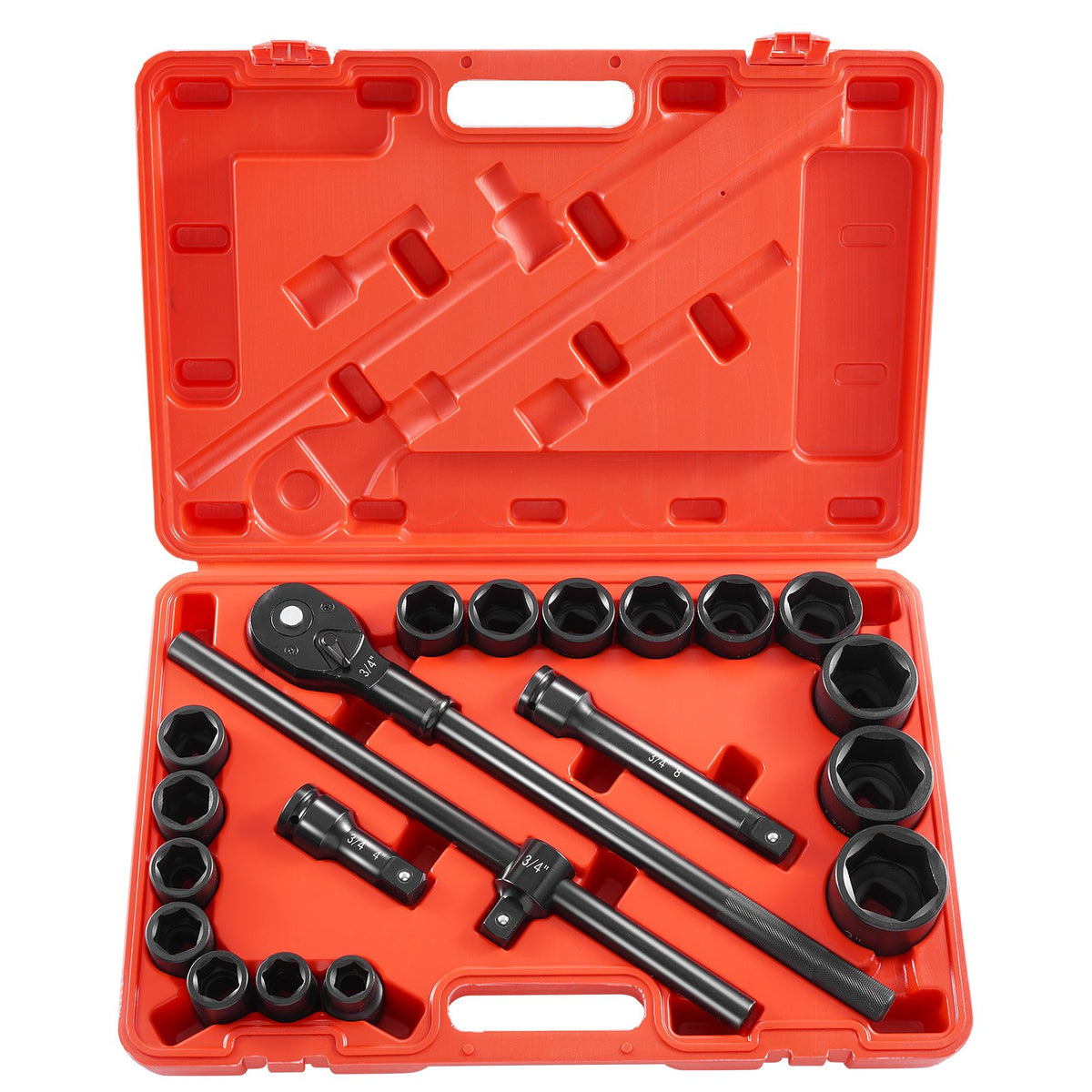 VEVOR 3/4 in Drive Impact Socket Set, 21 Pieces SAE 3/4 in to 2 in, 6 Point Cr-V Alloy Steel for Auto Repair, Easy-to-Read Size Markings, Includes Extension Bars, Ratchet Handle and Storage Case