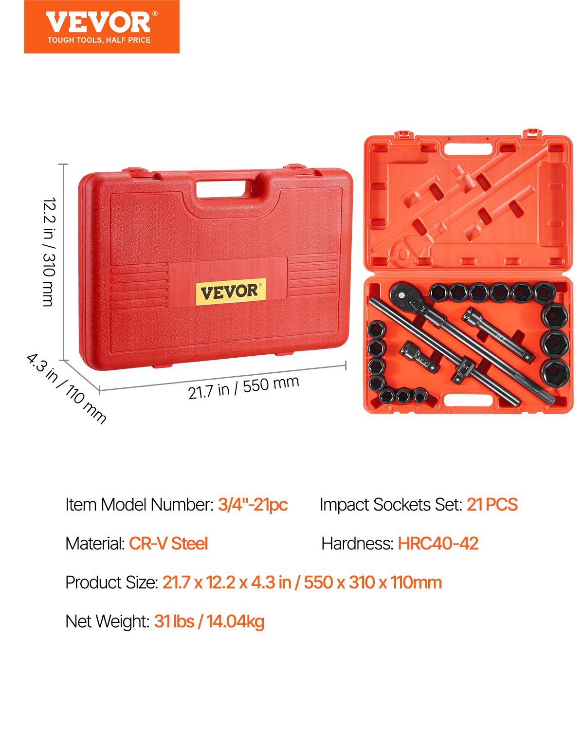 VEVOR 3/4 in Drive Impact Socket Set, 21 Pieces SAE 3/4 in to 2 in, 6 Point Cr-V Alloy Steel for Auto Repair, Easy-to-Read Size Markings, Includes Extension Bars, Ratchet Handle and Storage Case