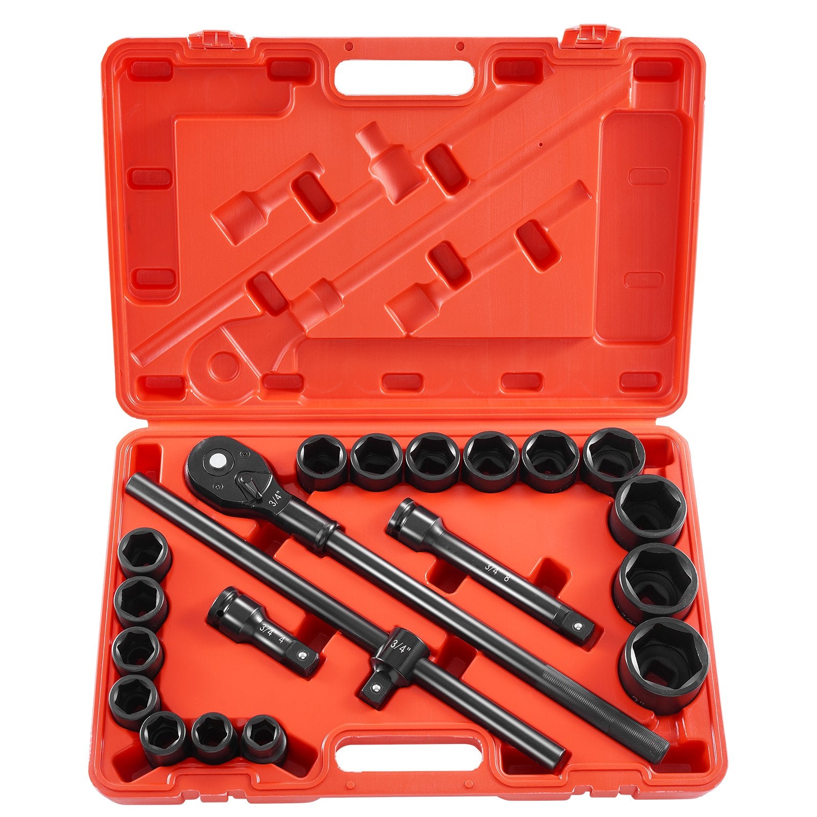 VEVOR 3/4 in Drive Impact Socket Set, 21 Pieces SAE 3/4 in to 2 in, 6 Point Cr-V Alloy Steel for Auto Repair, Easy-to-Read Size Markings, Includes Extension Bars, Ratchet Handle and Storage Case