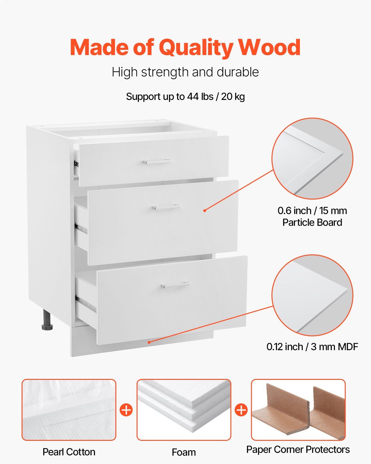 White Shaker Base Cabinet with 3 Drawers, 60 cm Unassembled Drawer Base Cabinet, 60 W x 48 D x 82 H Ready to Assemble Cabinet with Soft-Close Drawer Slides, for Home Office