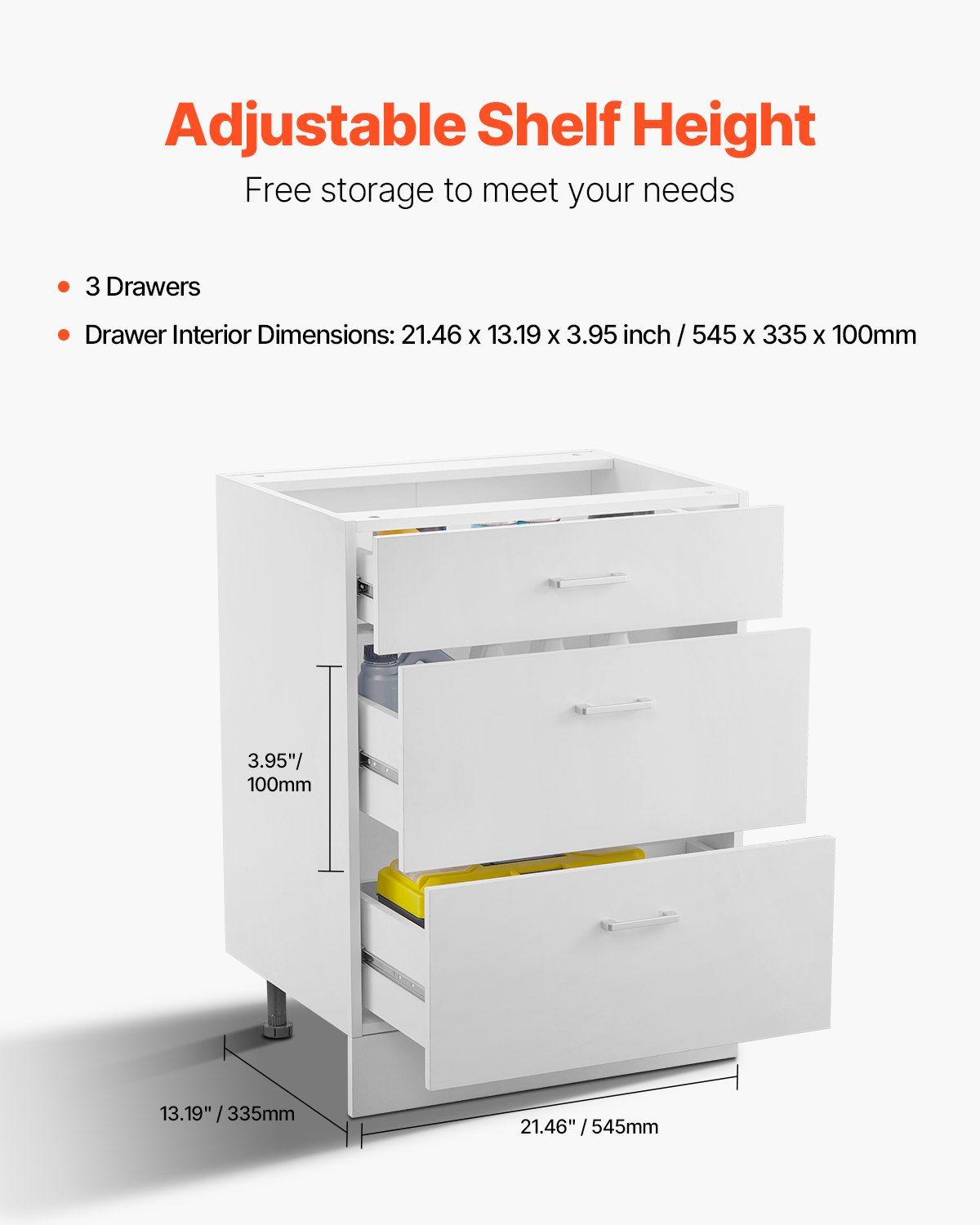White Shaker Base Cabinet with 3 Drawers, 60 cm Unassembled Drawer Base Cabinet, 60 W x 48 D x 82 H Ready to Assemble Cabinet with Soft-Close Drawer Slides, for Home Office