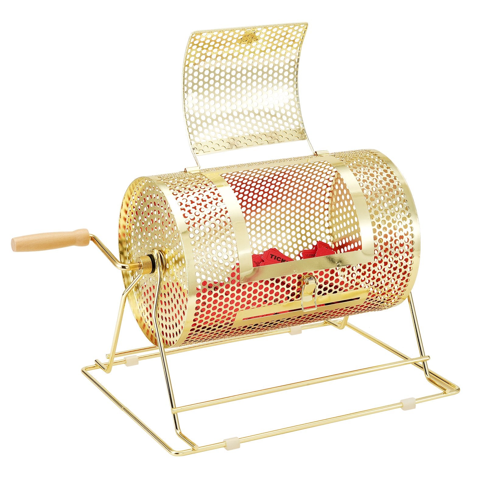 VEVOR Raffle Drum, 11.6 x Ø7.48 inch Brass Plated Raffle Ticket Spinning Cage, Holds 2500 Tickets or 100 Ping Pong Balls, Metal Lottery Spinning Drawing with Wooden Turning Handle, for Bingo Ballot Pa
