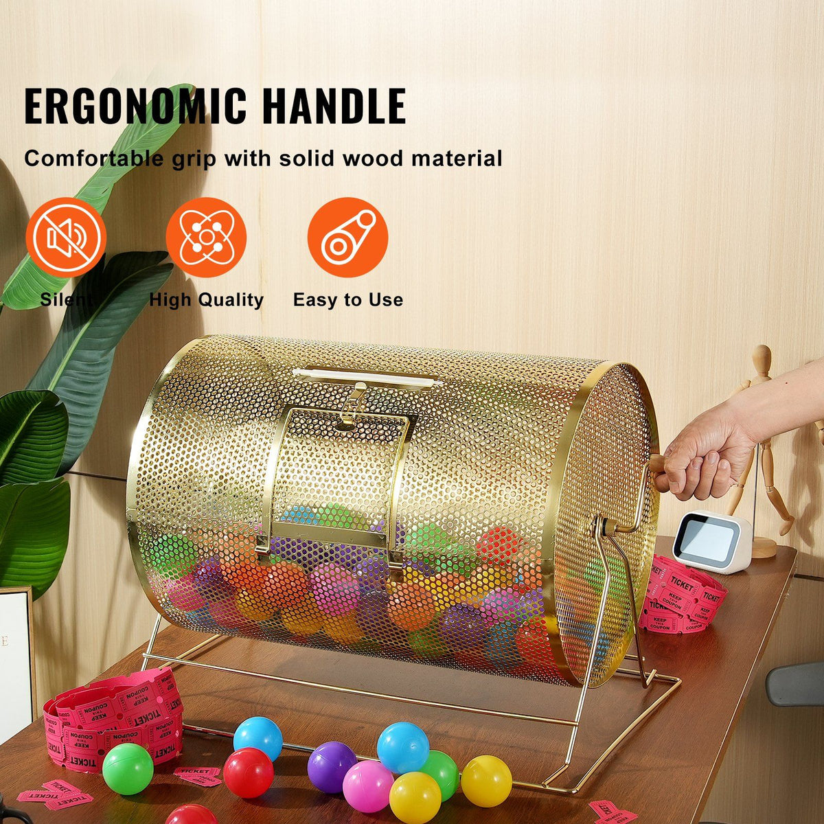 Raffle Drum, 14.8 x Ø21.26 inch Brass Plated Raffle Ticket Spinning Cage, Holds 10000 Tickets or 300 Ping Pong Balls, Metal Lottery Spinning Drawing with Wooden Turning Handle, for Bingo Ballot