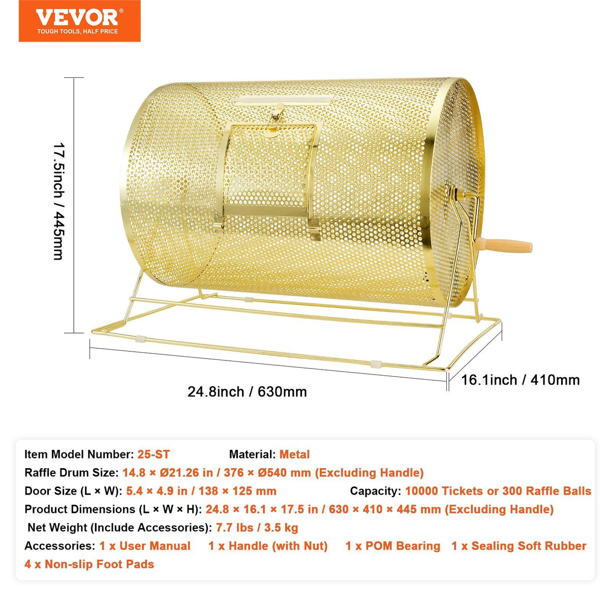 Raffle Drum, 14.8 x Ø21.26 inch Brass Plated Raffle Ticket Spinning Cage, Holds 10000 Tickets or 300 Ping Pong Balls, Metal Lottery Spinning Drawing with Wooden Turning Handle, for Bingo Ballot