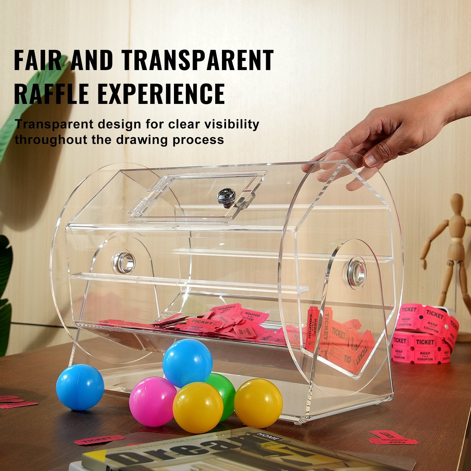 VEVOR Acrylic Raffle Drum, Holds 5000 Tickets or 200 Raffle Balls, Professional Raffle Ticket Spinning Cage with 2 Keys, Transparent Lottery Spinning Drawing, Raffle Ticket Box for Lottery Games Bingo