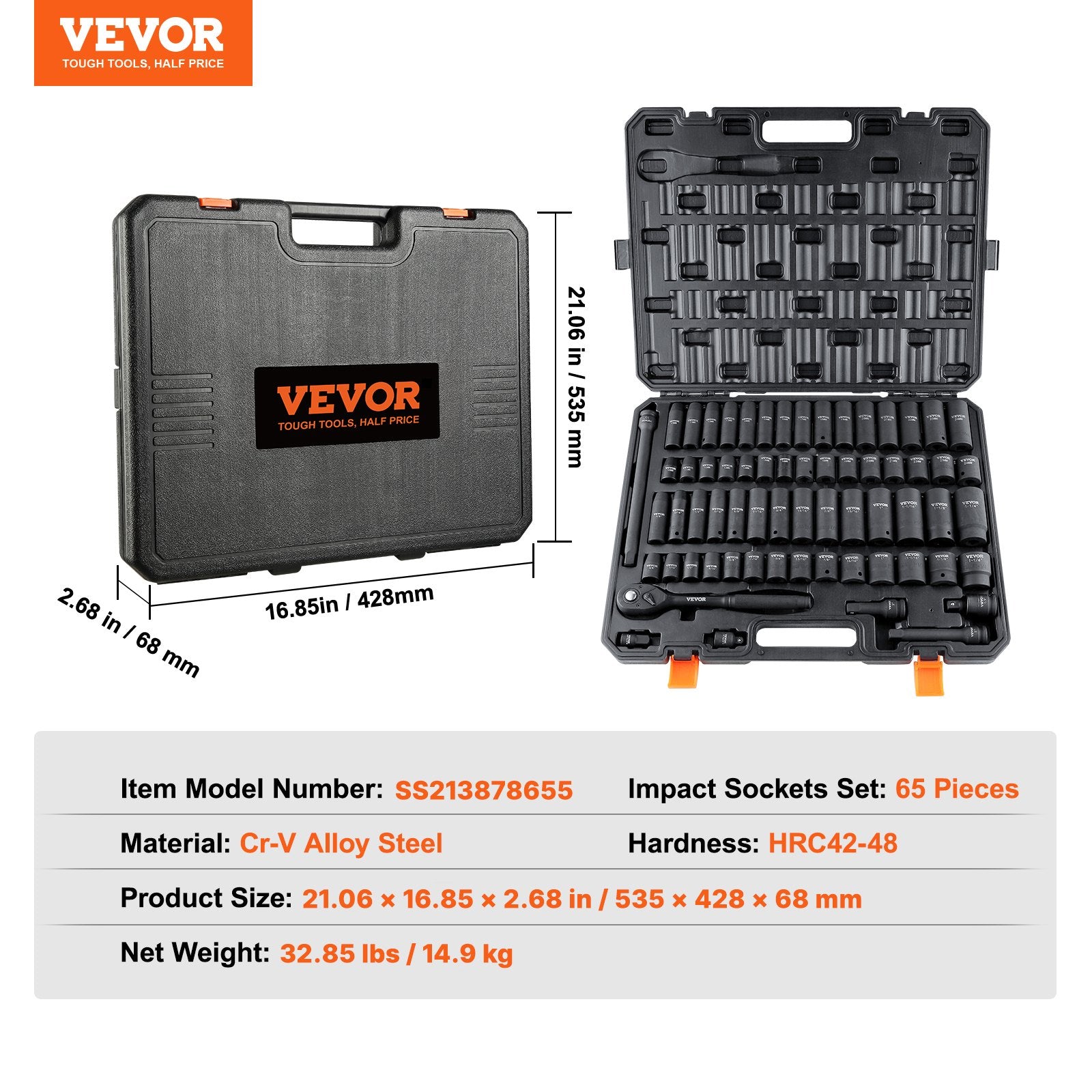 VEVOR 1/2" Drive Impact Socket Set, 65 Piece Socket Set SAE 3/8" to 1-1/4" and Metric 10-24mm, 6 Point Cr-V Alloy Steel for Auto Repair, Rugged Construction, Easy-to-Read Size Markings, Storage Case