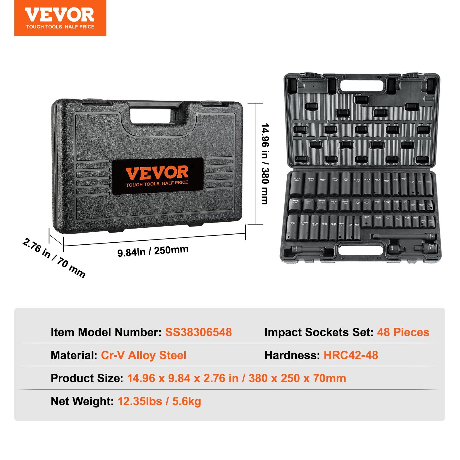 VEVOR 3/8" Drive Impact Socket Set, 48 Piece Socket Set SAE （5/16" -3/4"） & Metric （8-22mm）6 Point Cr-V Drive Extension Bar Universal Joint & Power Drill Adapter Includes Storage Case