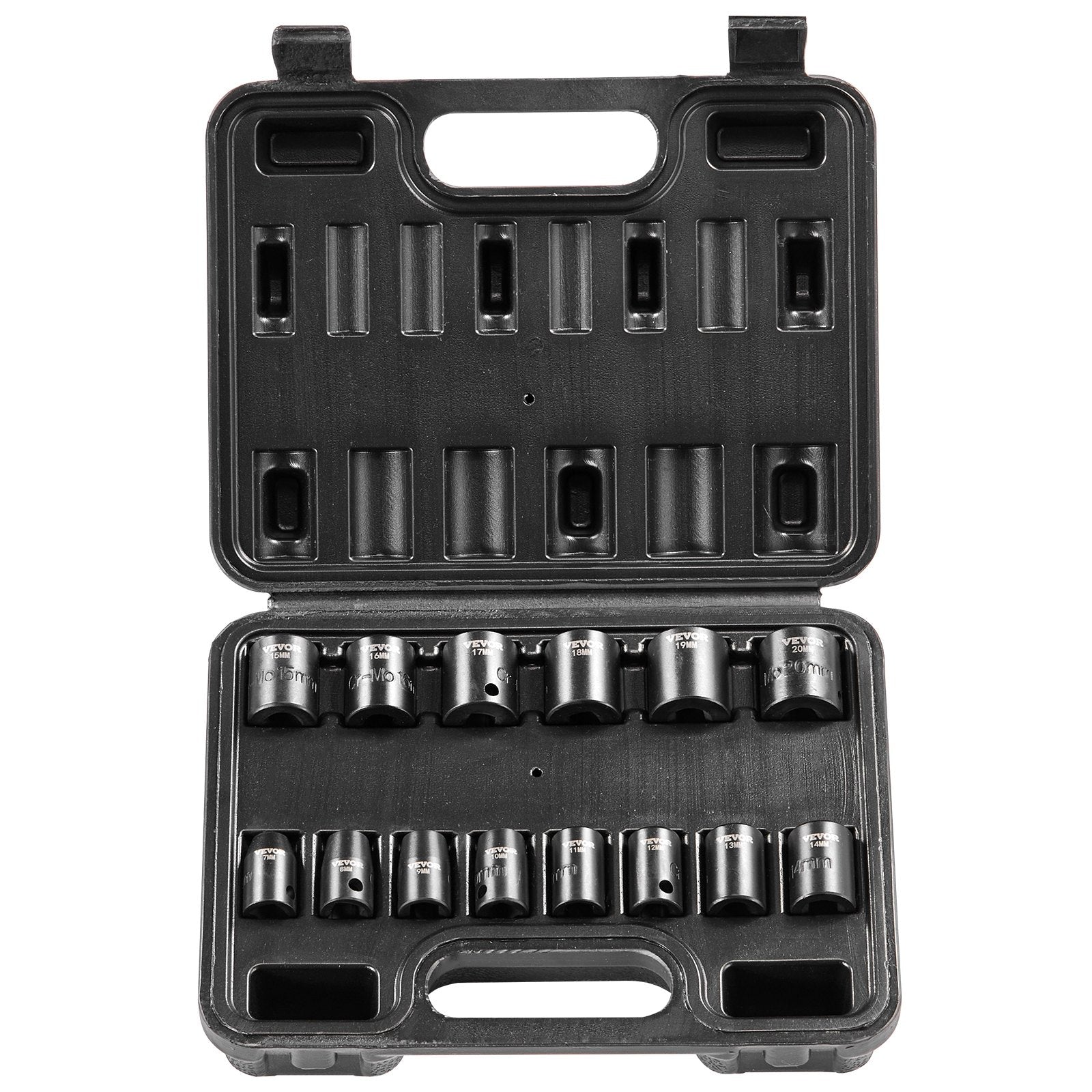 VEVOR 3/8" Drive Impact Socket Set, 14 Piece Shallow Socket Set Metric 7-20mm, 6 Point Cr-Mo Alloy Steel for Auto Repair, Easy-to-Read Size Markings, Rugged Construction, Includes Storage Case