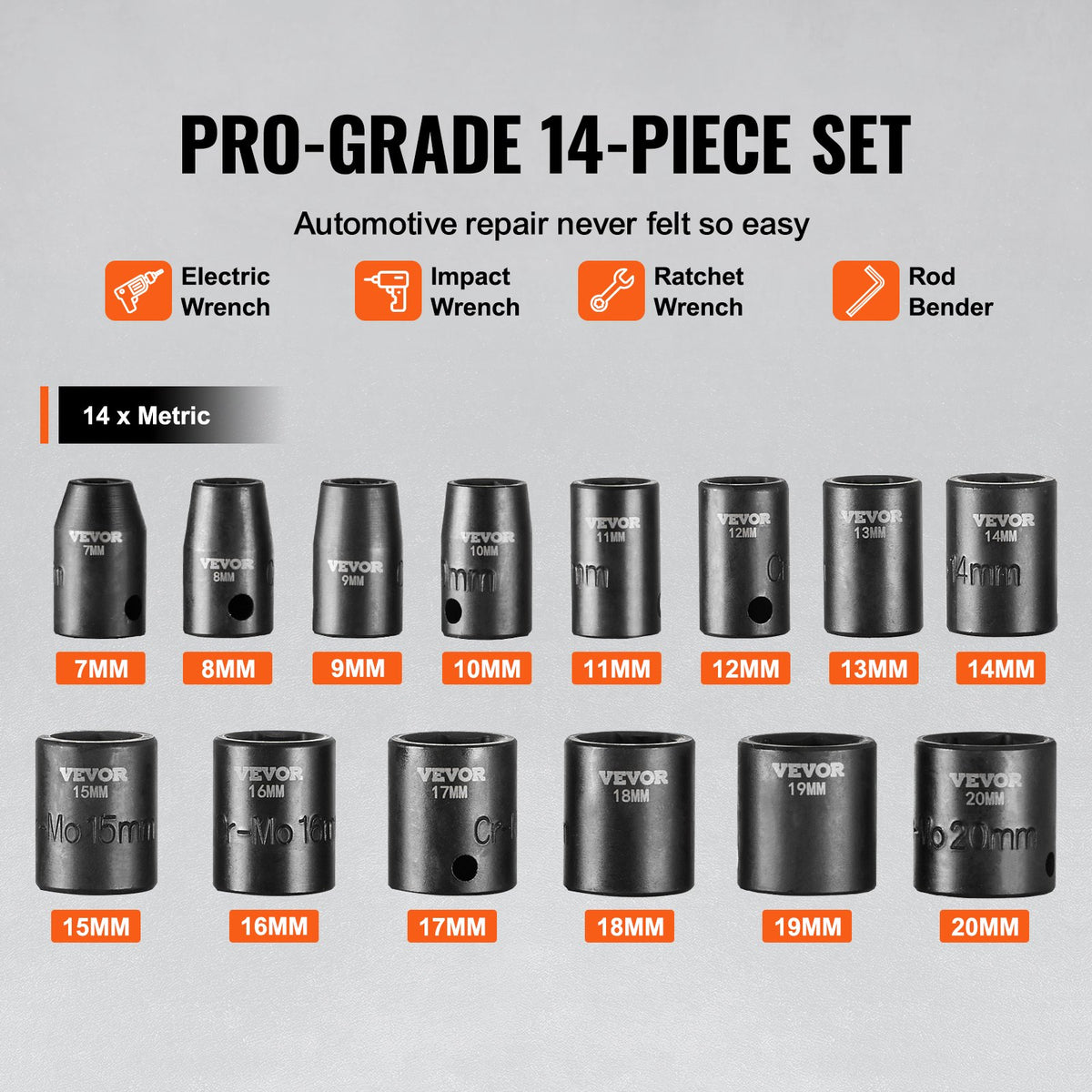 VEVOR 3/8" Drive Impact Socket Set, 14 Piece Shallow Socket Set Metric 7-20mm, 6 Point Cr-Mo Alloy Steel for Auto Repair, Easy-to-Read Size Markings, Rugged Construction, Includes Storage Case
