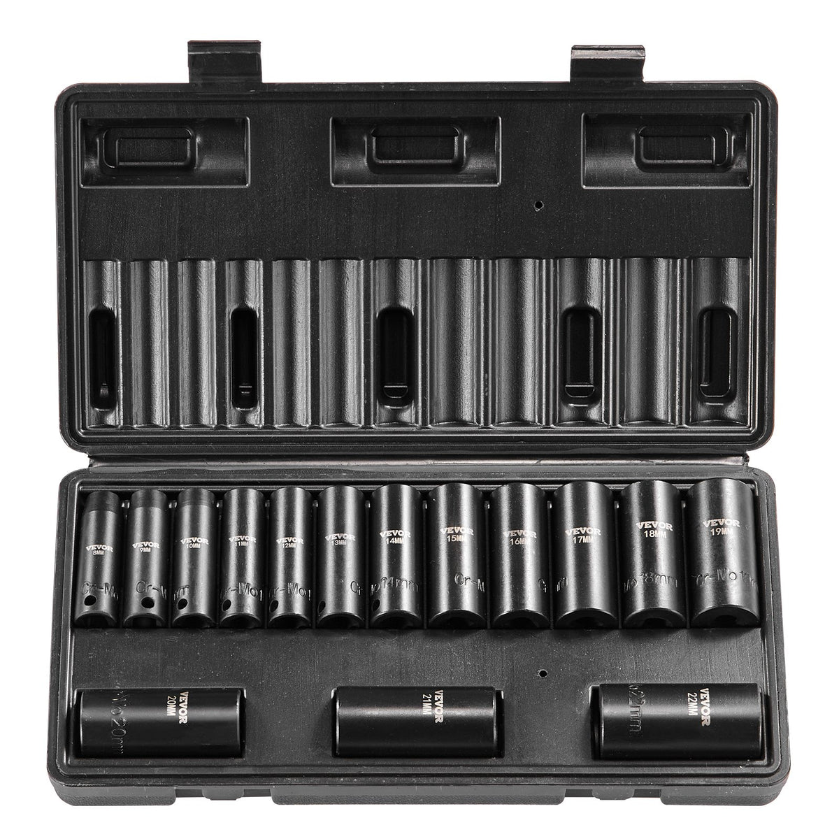 VEVOR 3/8" Drive Impact Socket Set, 15 Piece Deep Socket Set Metric 8-22mm, 6 Point Cr-Mo Alloy Steel for Auto Repair, Easy-to-Read Size Markings, Rugged Construction, Includes Storage Case