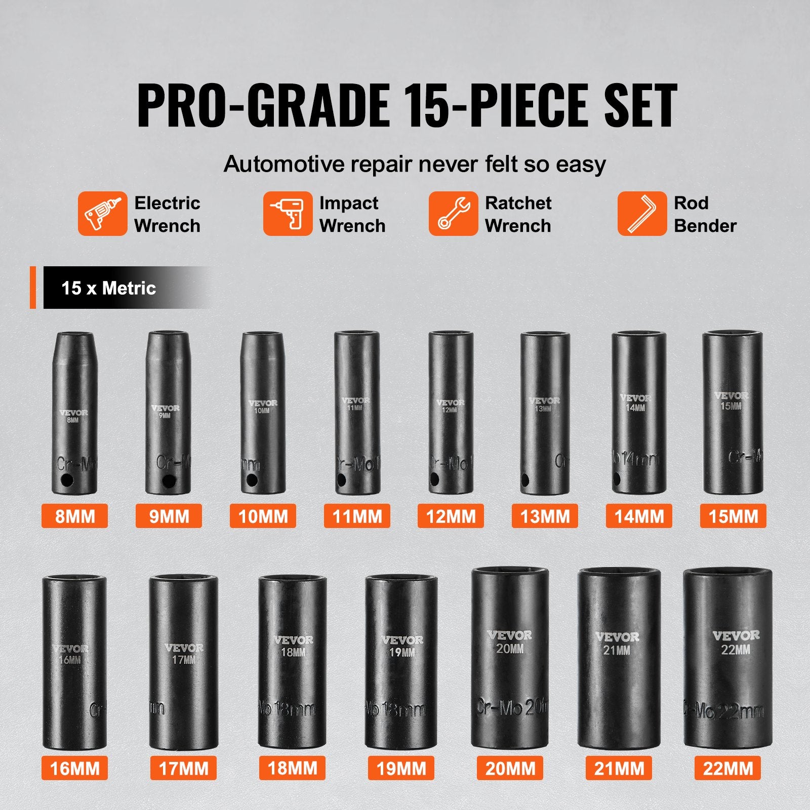 VEVOR 3/8" Drive Impact Socket Set, 15 Piece Deep Socket Set Metric 8-22mm, 6 Point Cr-Mo Alloy Steel for Auto Repair, Easy-to-Read Size Markings, Rugged Construction, Includes Storage Case