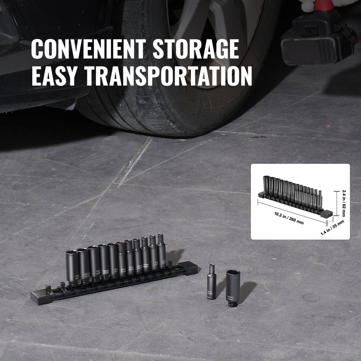 1/4" Drive Impact Socket Set, 14 Piece Deep Socket Set Metric 4-15mm, 6 Point Cr-Mo Alloy Steel for Auto Repair, Easy-to-Read Size Markings, Rugged Construction, Socket Organizer