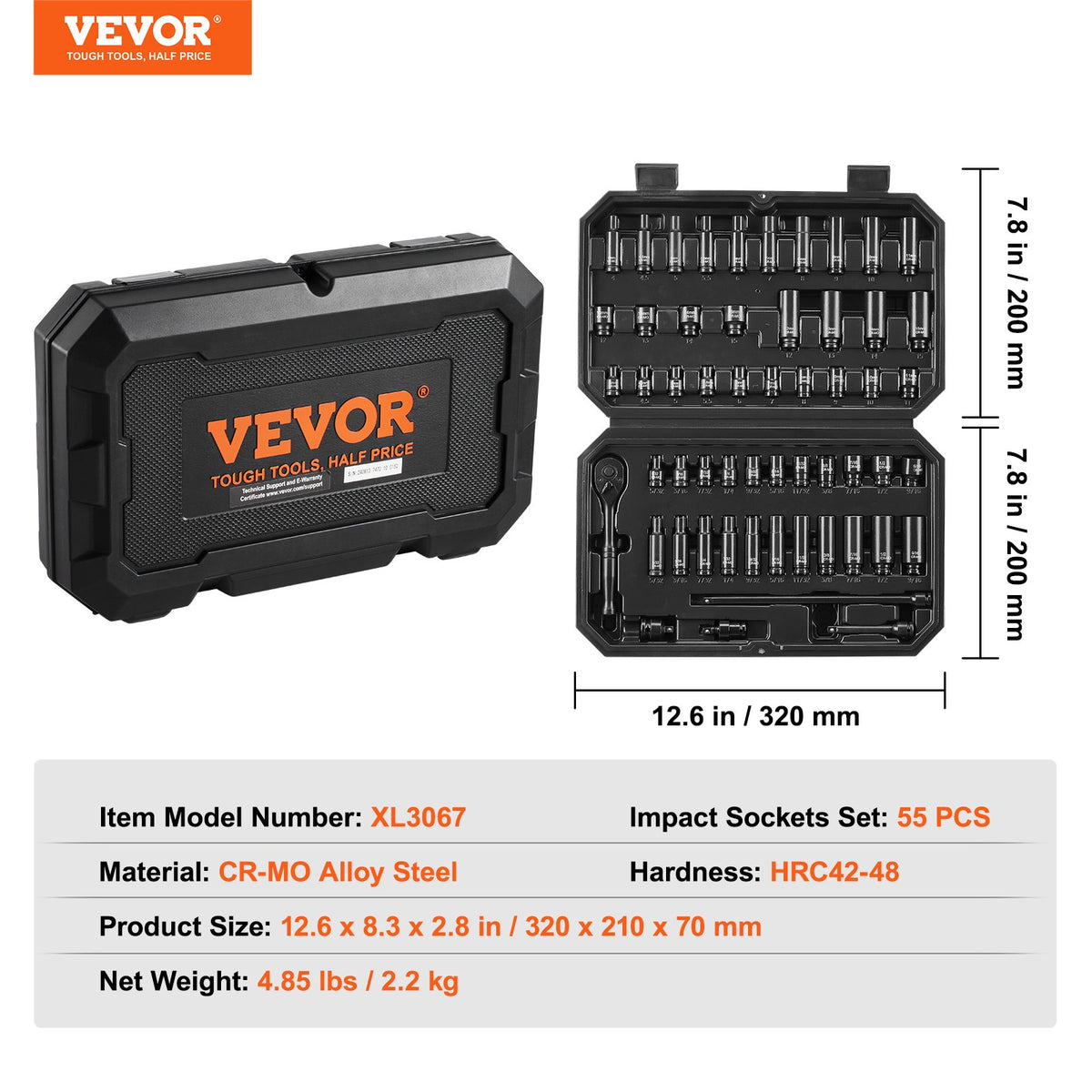 VEVOR 1/4" Drive Impact Socket Set, 55 Piece Deep & Shallow Socket Set SAE 5/32"-9/16" and Metric 4-15mm, 6 Point CR-V Alloy Steel for Auto Repair, Easy-to-Read Size Markings, Storage Case