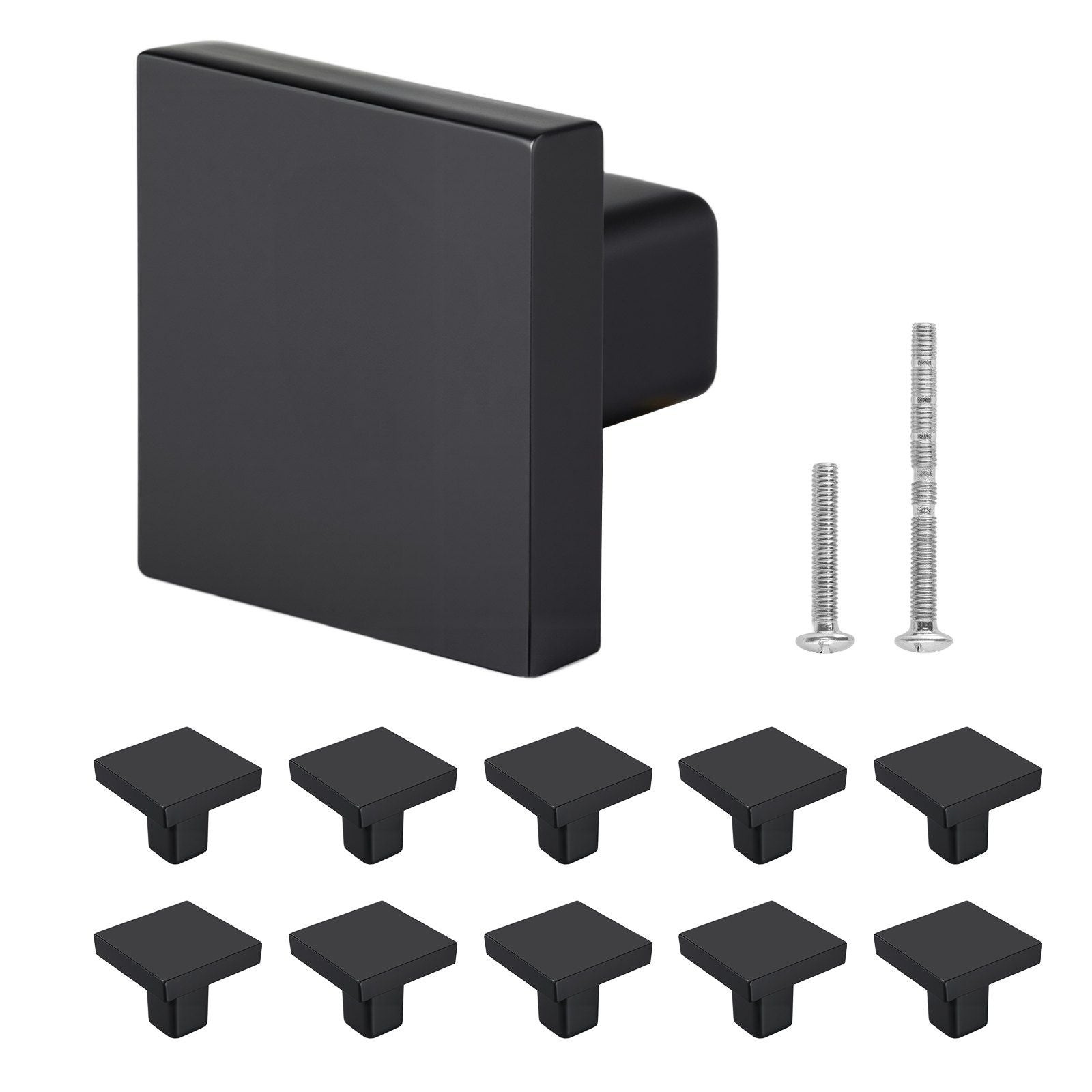 Cabinet Knobs, 10 Pack, 30 mm Black Zinc Alloy Drawer Pulls & Door Handles, Square Kitchen Solid Knobs Dresser Handles, Cupboard Hardware with Screws for Kitchen Bathroom Closet Cabinets Drawers