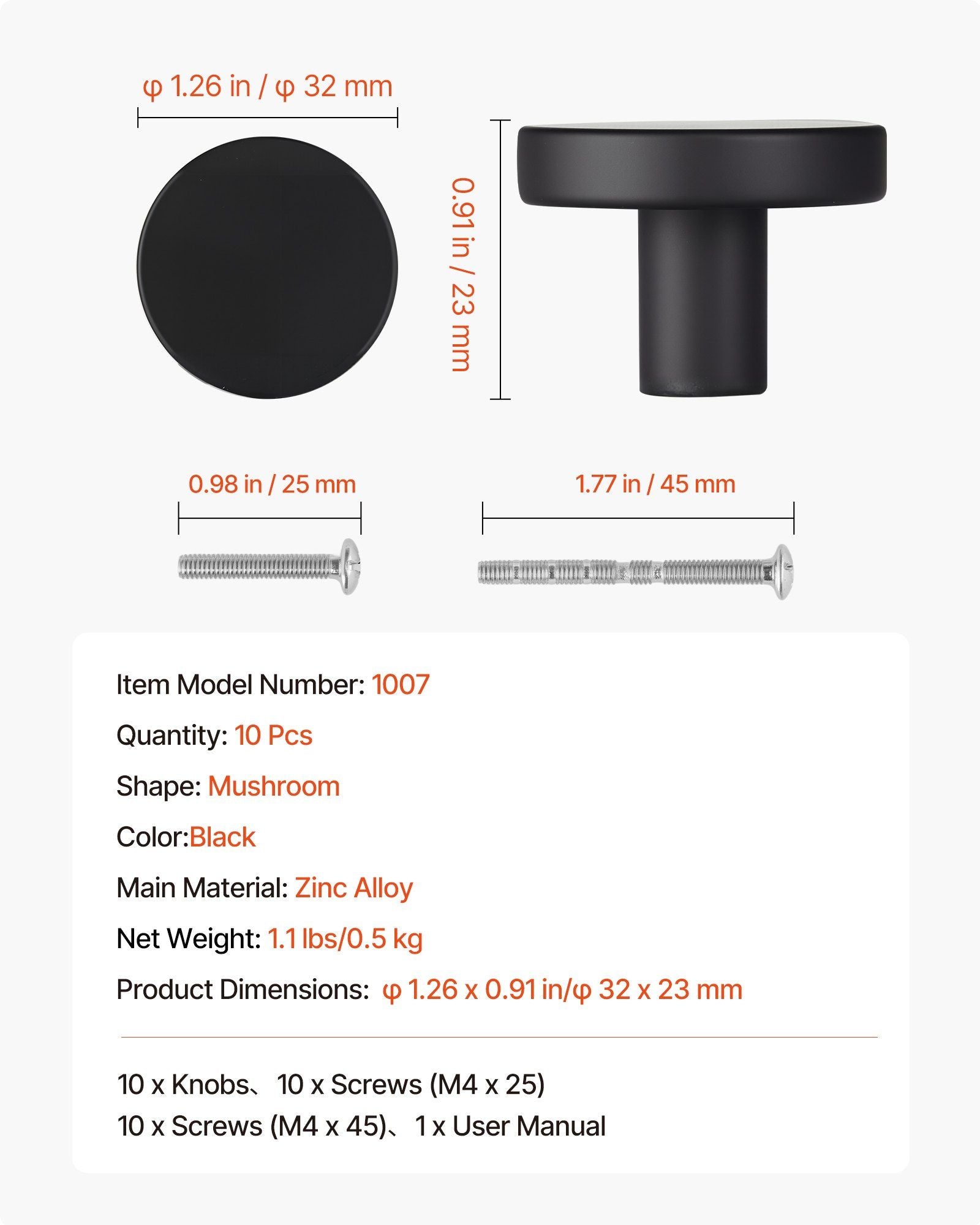 Cabinet Knobs, 10 Pack, 32 mm Black Zinc Alloy Drawer Pulls & Door Handles, Mushroom Kitchen Solid Knobs Dresser Handles, Cupboard Hardware with Screws for Bathroom Closet Cabinets and Drawers