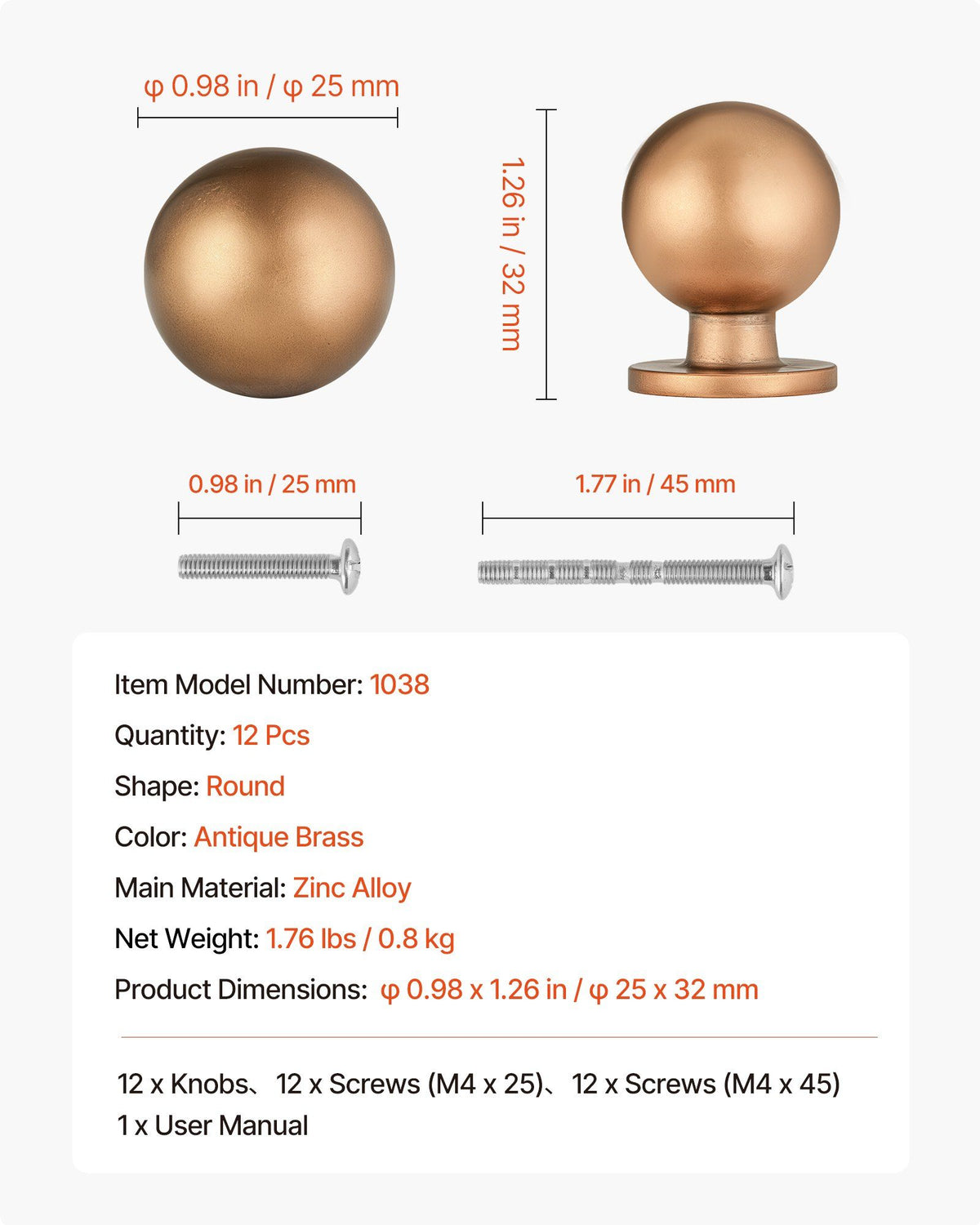 Cabinet Knobs, 12 Pack, 25 mm Zinc Alloy Drawer Pulls Door Handles, Round Kitchen Dresser Solid Knobs Cupboard Hardware with Screws for Bathroom Closet Cabinets Drawers, Antique Brass Color